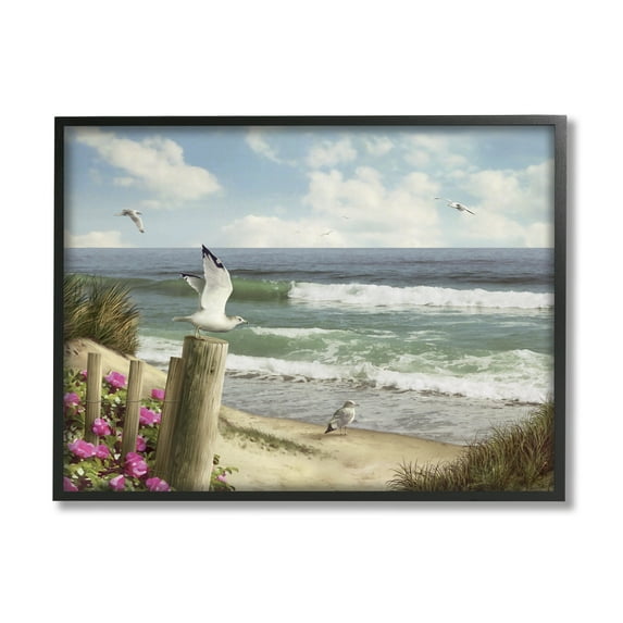 Stupell Industries Endless Seas Beach Seagulls Coastal Painting Black Framed Art Print Wall Art