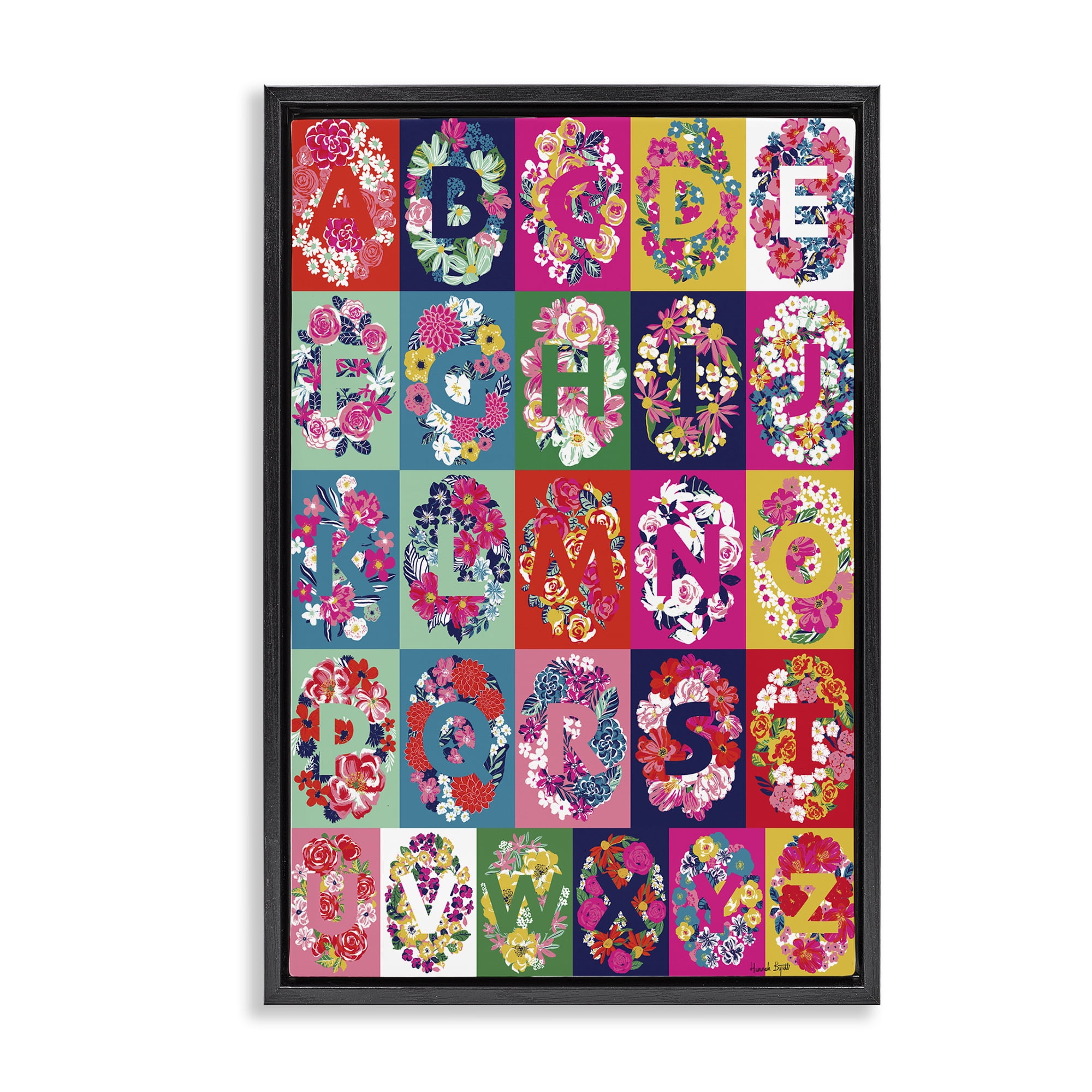 Stupell Industries Energetic Blooms Alphabet Plants & Flowers Painting Black Floater Framed Canvas Art Print Wall Art, 17 x 25