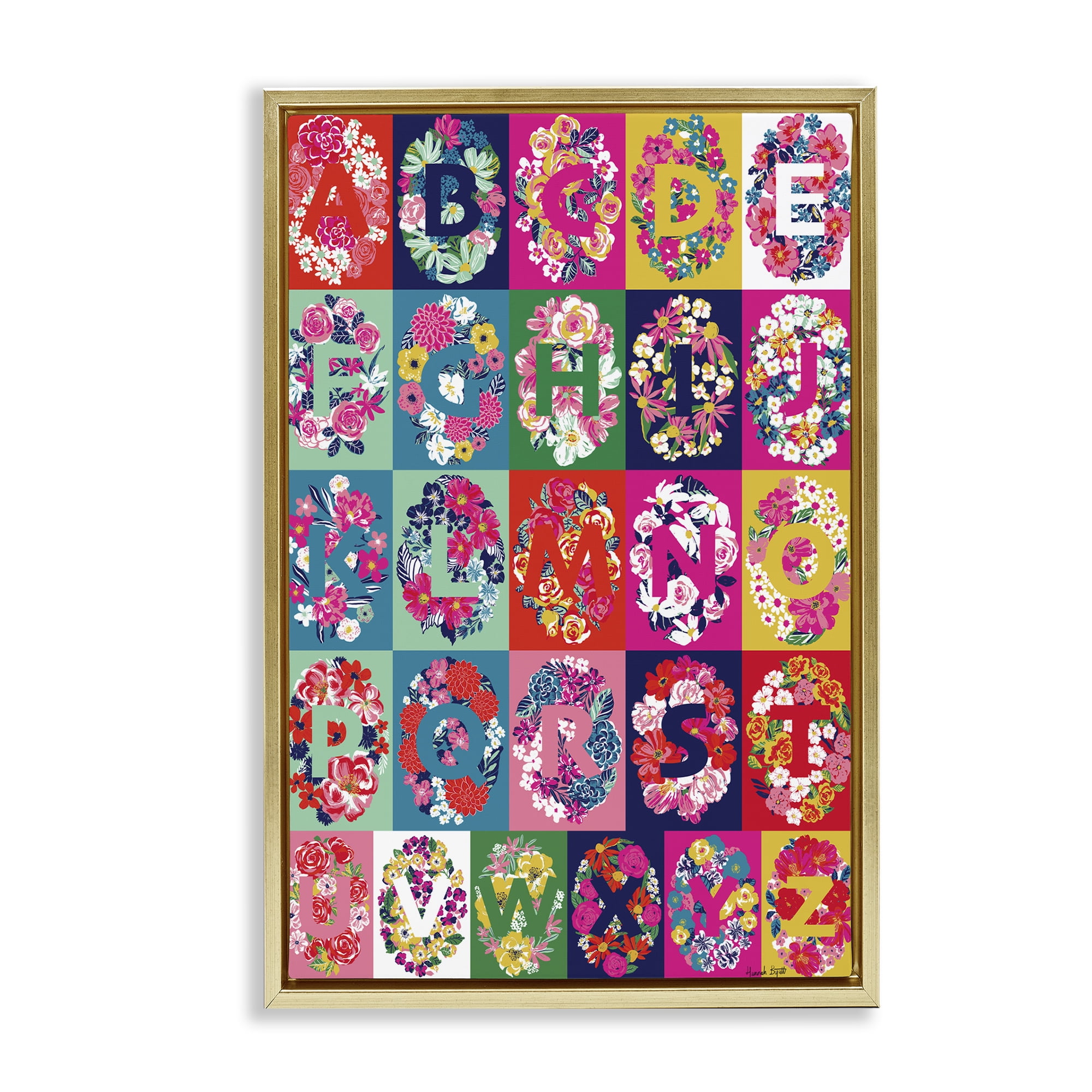 Stupell Industries Energetic Blooms Alphabet Plants & Flowers Painting Gold Floater Framed Canvas Art Print Wall Art, 17 x 25