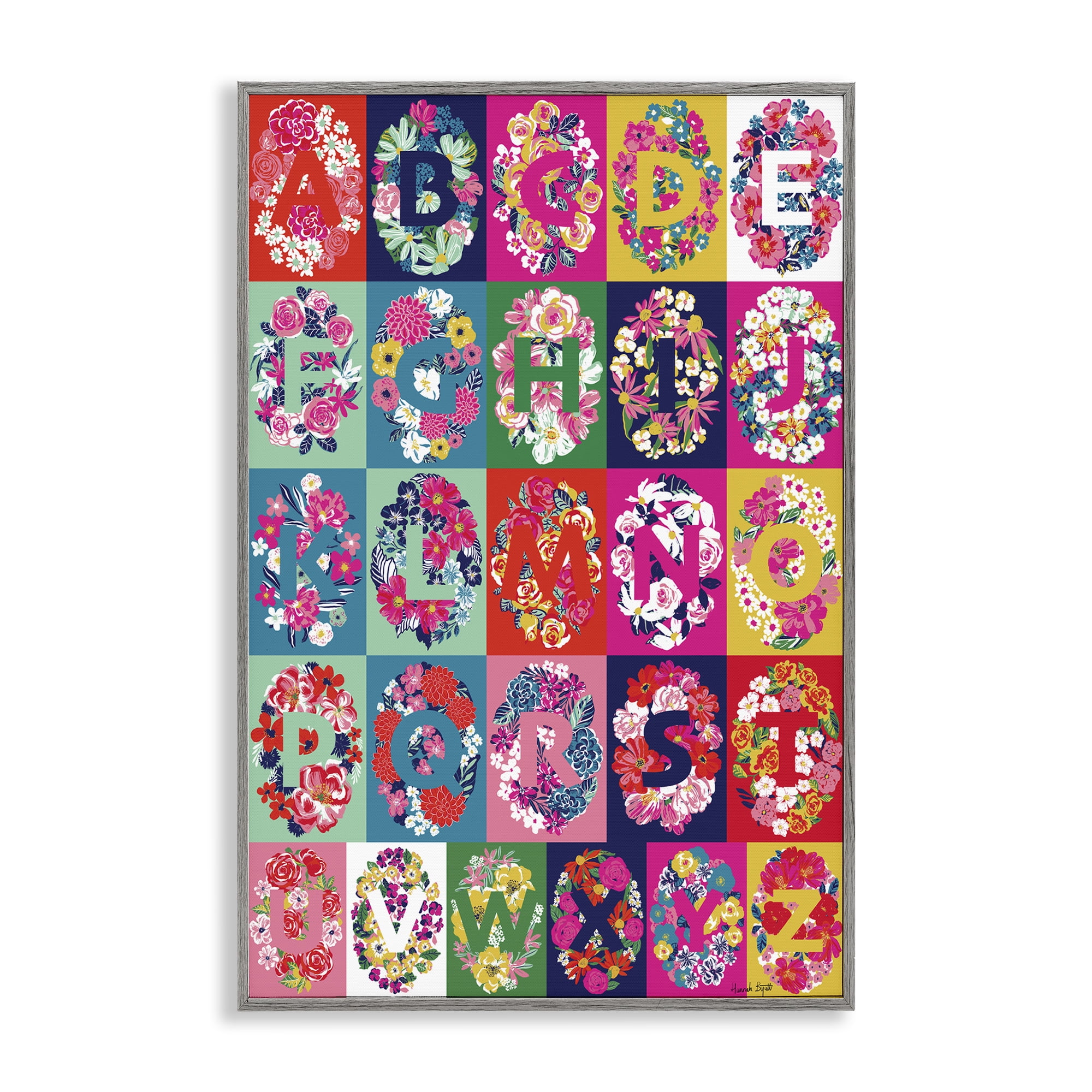 Stupell Industries Energetic Blooms Alphabet Plants & Flowers Painting Gray Framed Art Print Wall Art, 12 x 18