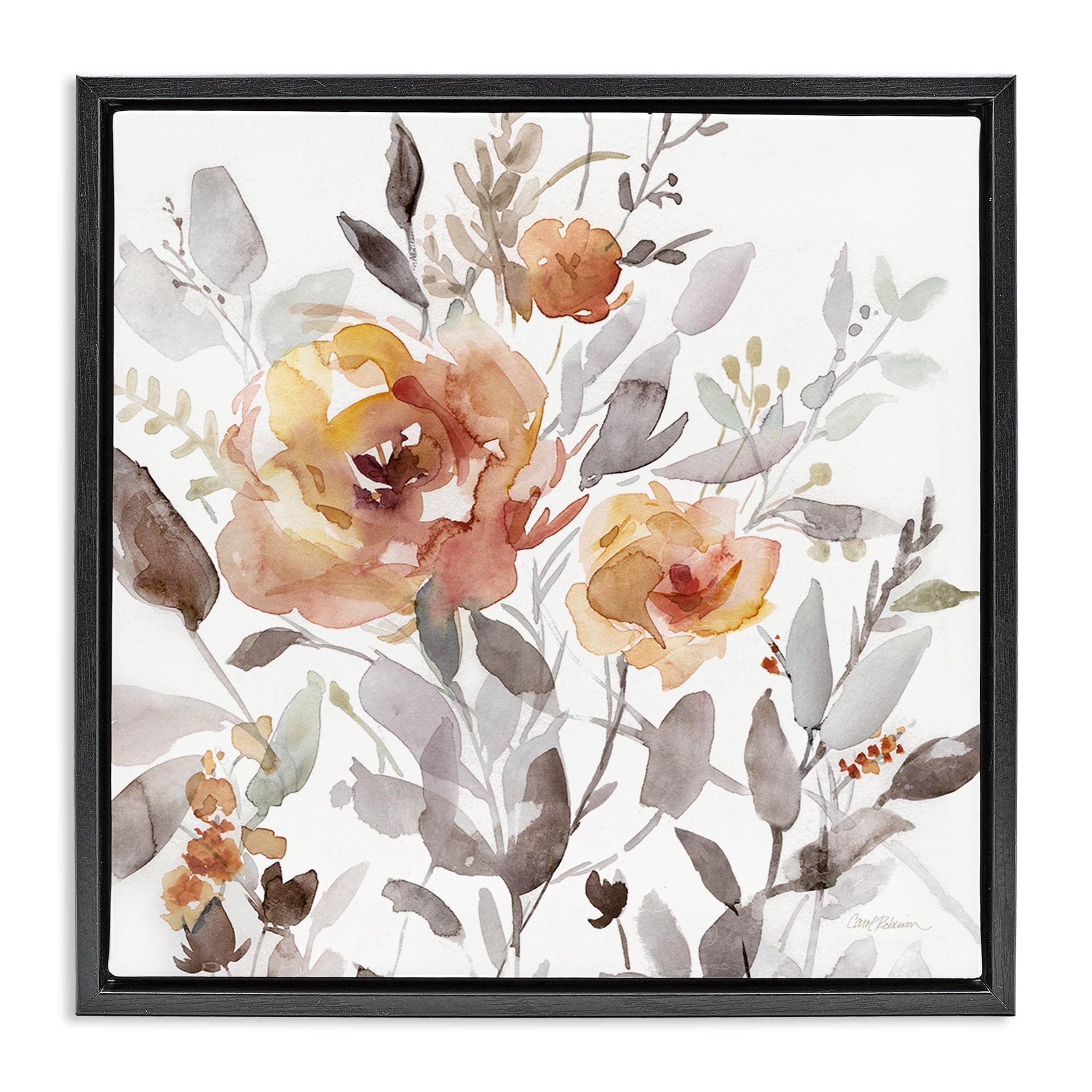 Stupell Industries Energetic Florals on White Plants & Flowers Painting Black Floater Framed Canvas Art Print Wall Art, 25 x 25
