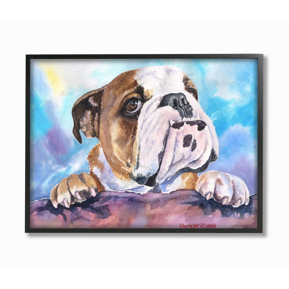 Stupell Industries English Bulldog Dog Pet Animal Watercolor Painting Framed Giclee Texturized Art by George Dyachenko