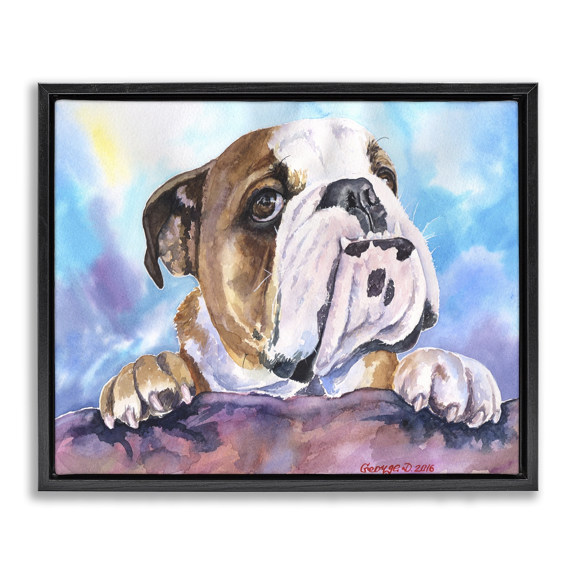 Stupell Industries English Bulldog Dog Pet Watercolor Animals & Insects Painting Black Floater Framed Canvas Art Print Wall Art, 31 x 25