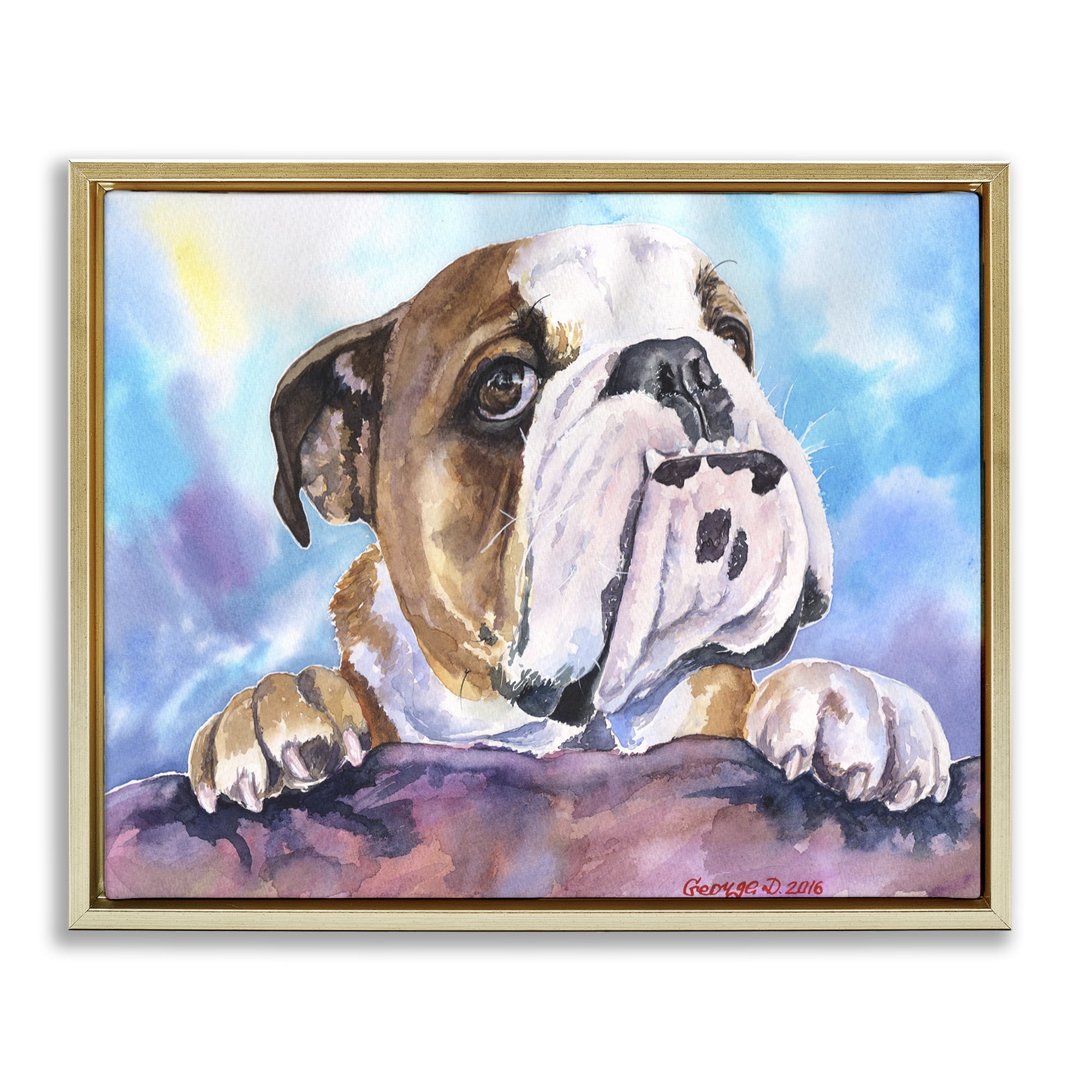 Stupell Industries English Bulldog Dog Pet Watercolor Animals & Insects Painting Gold Floater Framed Canvas Art Print Wall Art, 31 x 25