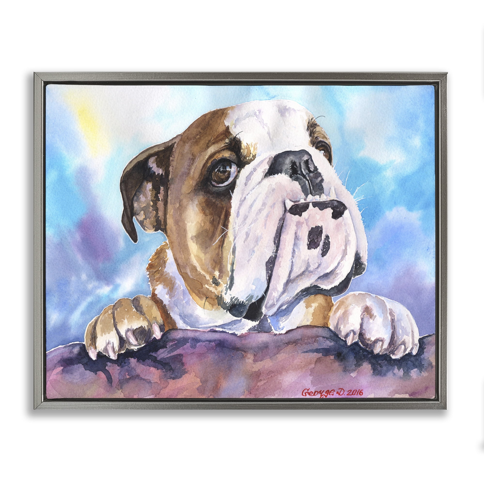 Stupell Industries English Bulldog Dog Pet Watercolor Animals & Insects Painting Gray Floater Framed Canvas Art Print Wall Art, 31 x 25