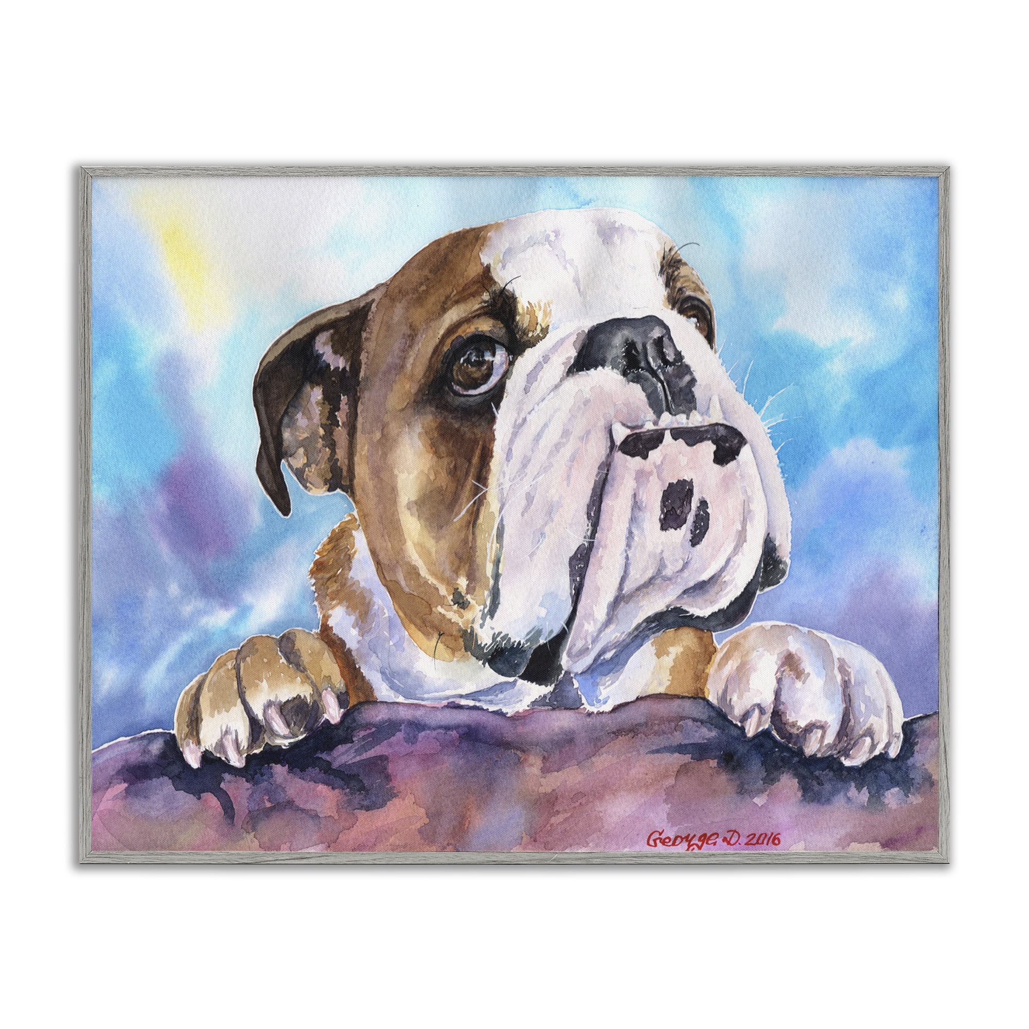 Stupell Industries English Bulldog Dog Pet Watercolor Animals & Insects Painting Gray Framed Art Print Wall Art, 30 x 24