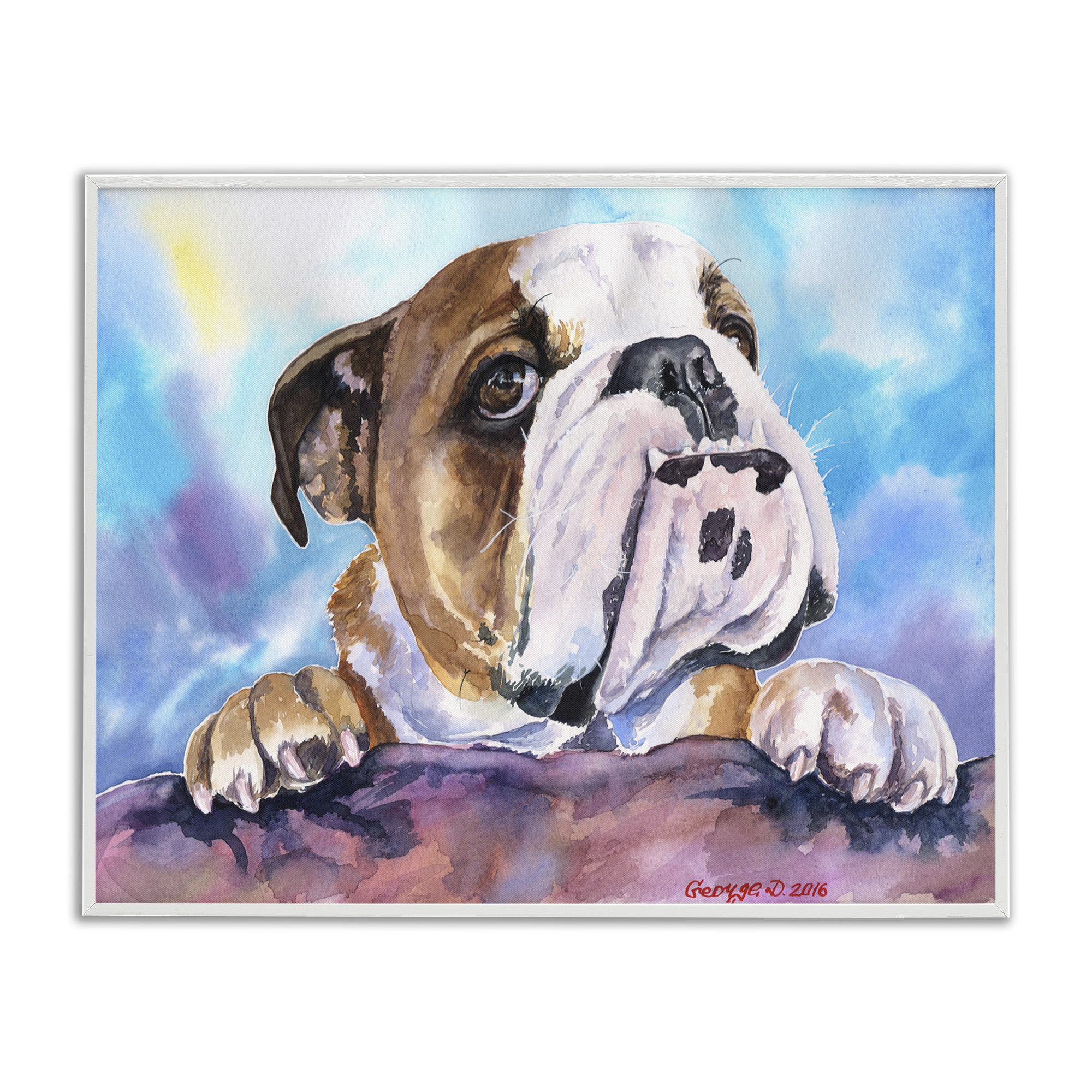 Stupell Industries English Bulldog Dog Pet Watercolor Animals & Insects Painting White Framed Art Print Wall Art, 30 x 24