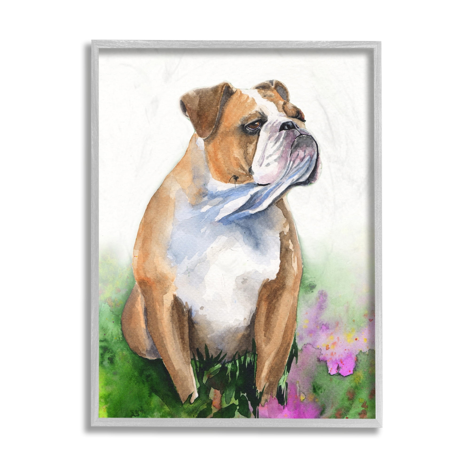 Stupell Industries English Bulldog Grassy Florals Soft Watercolor Portrait Grey Framed, 16 x 20, Design by George Dyachenko