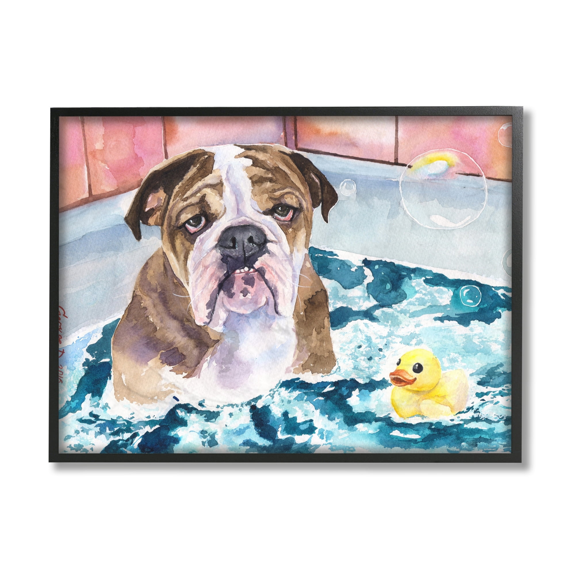 Stupell Industries English Bulldog In Bathtub Rubber Duck Bubbles Black Framed, 16 x 20, Design by George Dyachenko