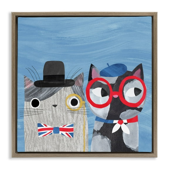 Stupell Industries English & French Cats Brown Framed Floater Canvas Wall Art design by Angie Rozelaar, 18 x 18