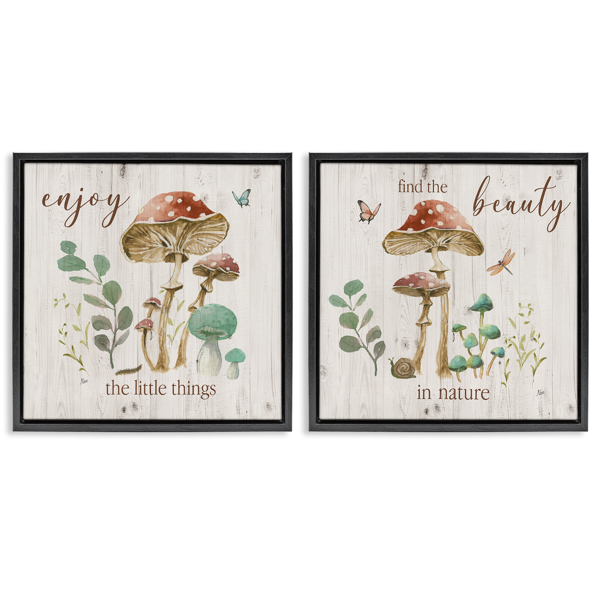 Stupell Industries Enjoy Beauty Mushroom Plants & Flowers Painting Black Floater Framed Canvas Art Print Wall Art, 25 x 25, Set of 2
