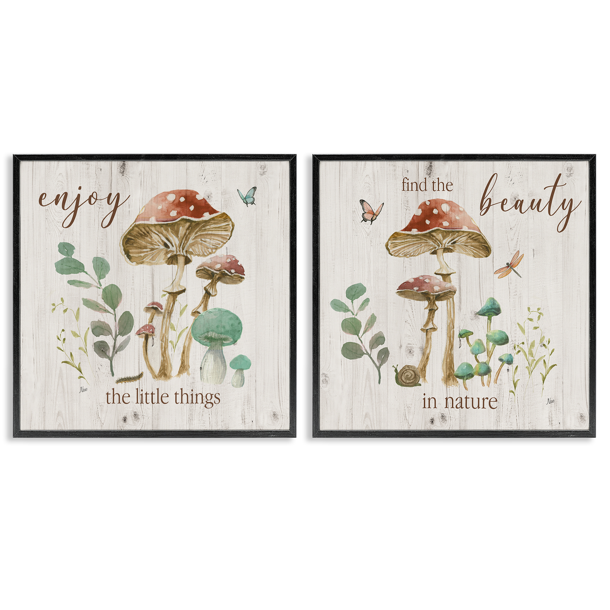 Stupell Industries Enjoy Beauty Mushroom Plants & Flowers Painting Black Framed Art Print Wall Art, 17 x 17, Set of 2