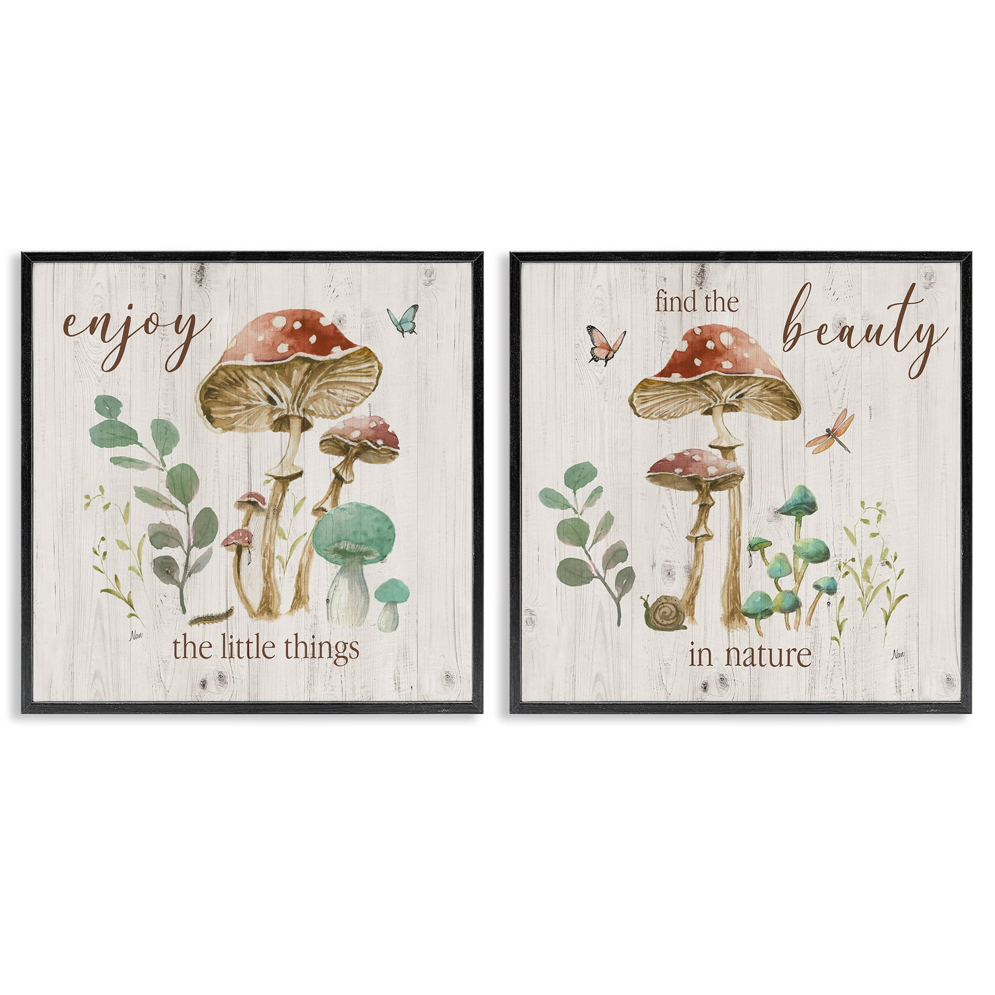 Stupell Industries Enjoy Beauty Mushroom Plants & Flowers Painting Black Framed Art Print Wall Art, 24 x 24, Set of 2