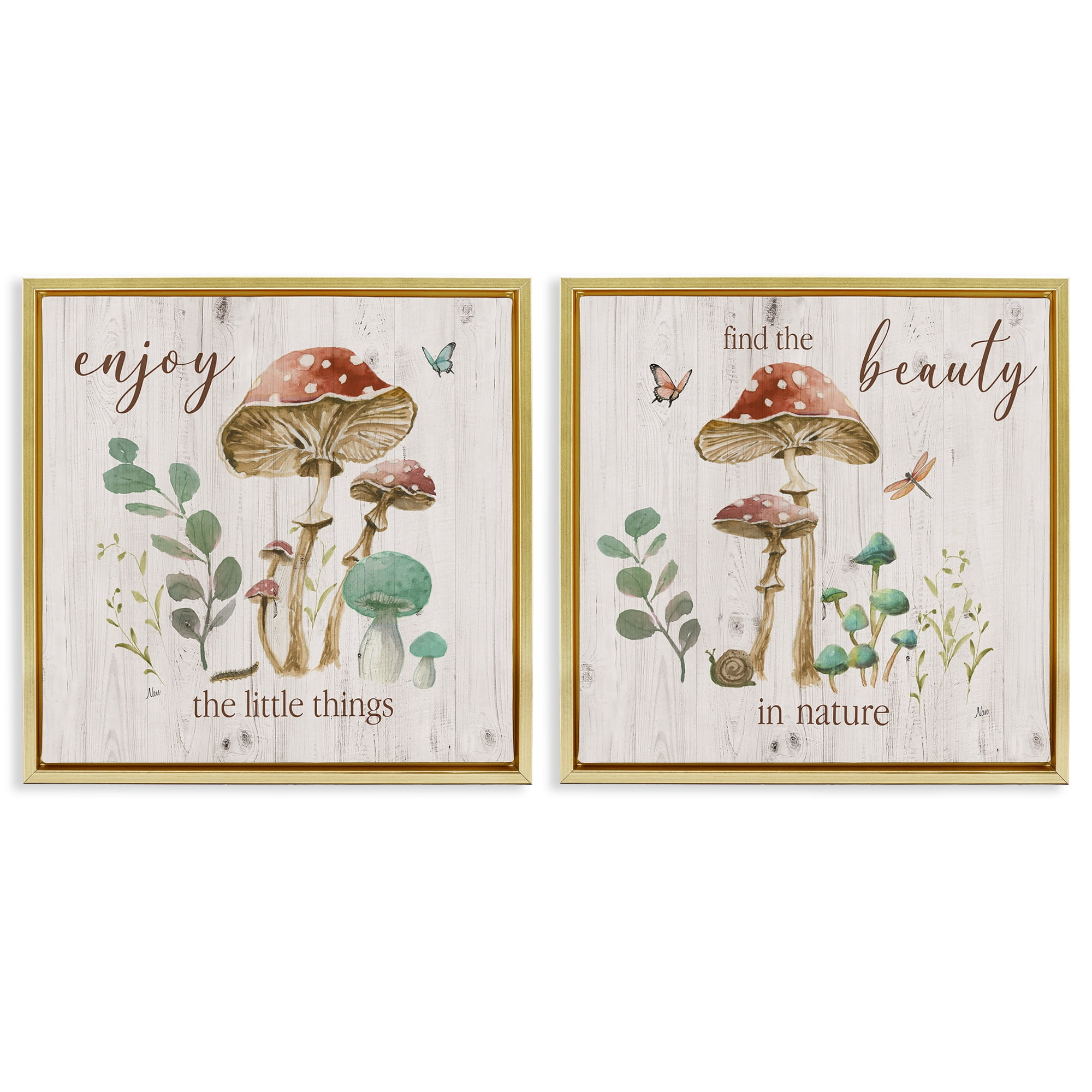 Stupell Industries Enjoy Beauty Mushroom Plants & Flowers Painting Gold Floater Framed Canvas Art Print Wall Art, 25 x 25, Set of 2