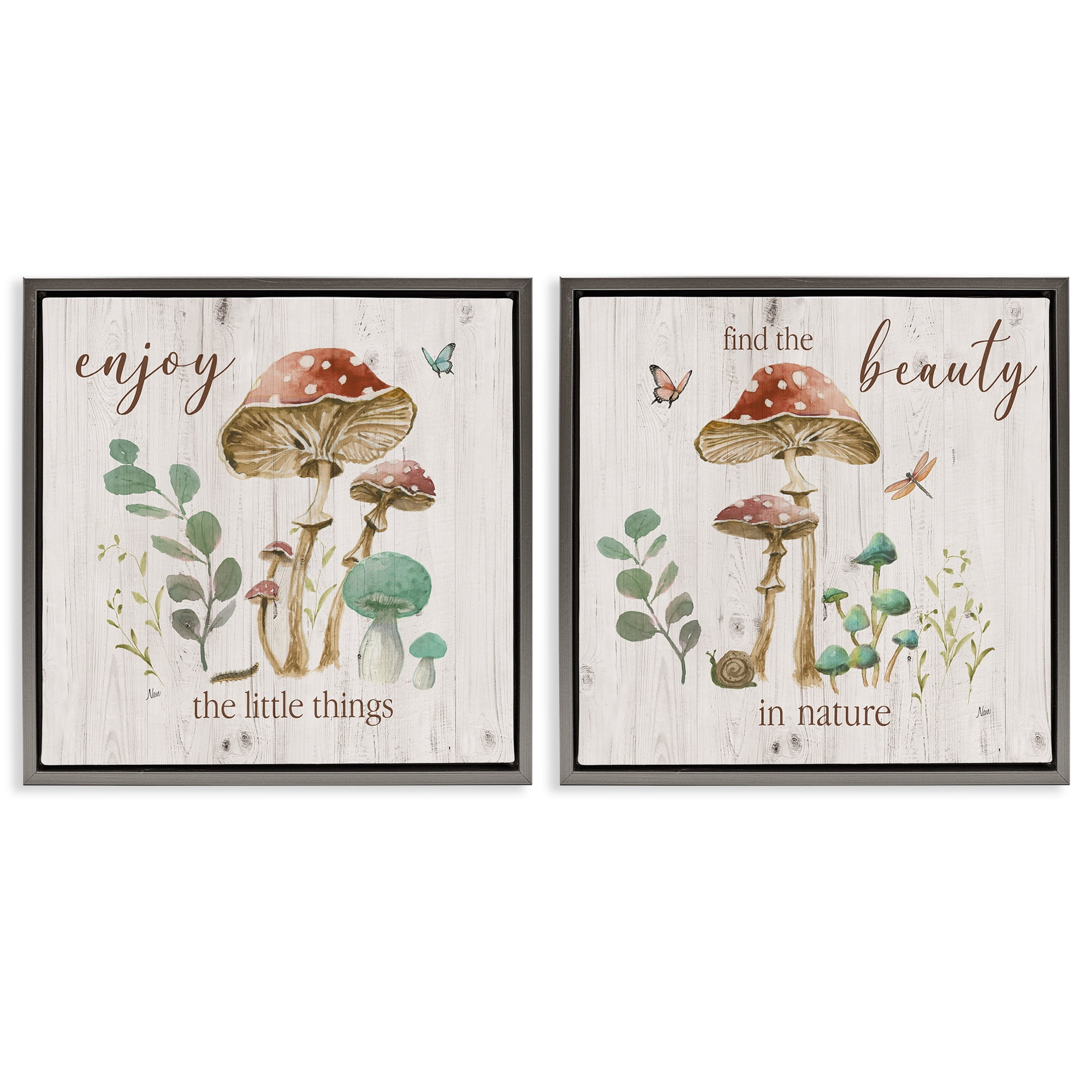 Stupell Industries Enjoy Beauty Mushroom Plants & Flowers Painting Gray Floater Framed Canvas Art Print Wall Art, 18 x 18, Set of 2