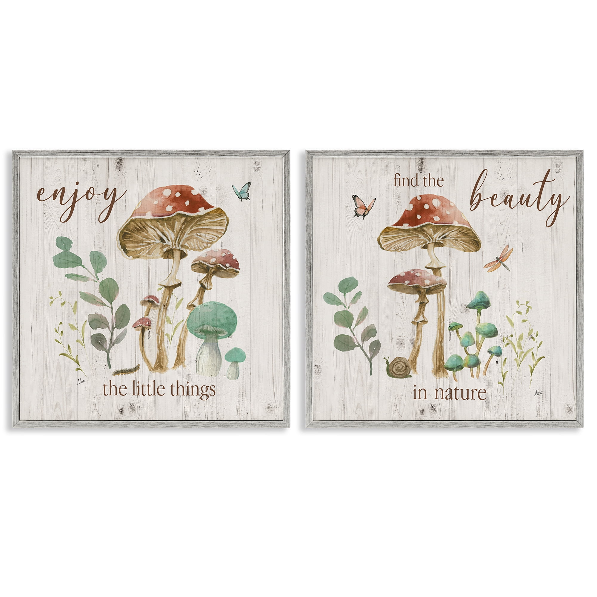 Stupell Industries Enjoy Beauty Mushroom Plants & Flowers Painting Gray Framed Art Print Wall Art, 12 x 12, Set of 2