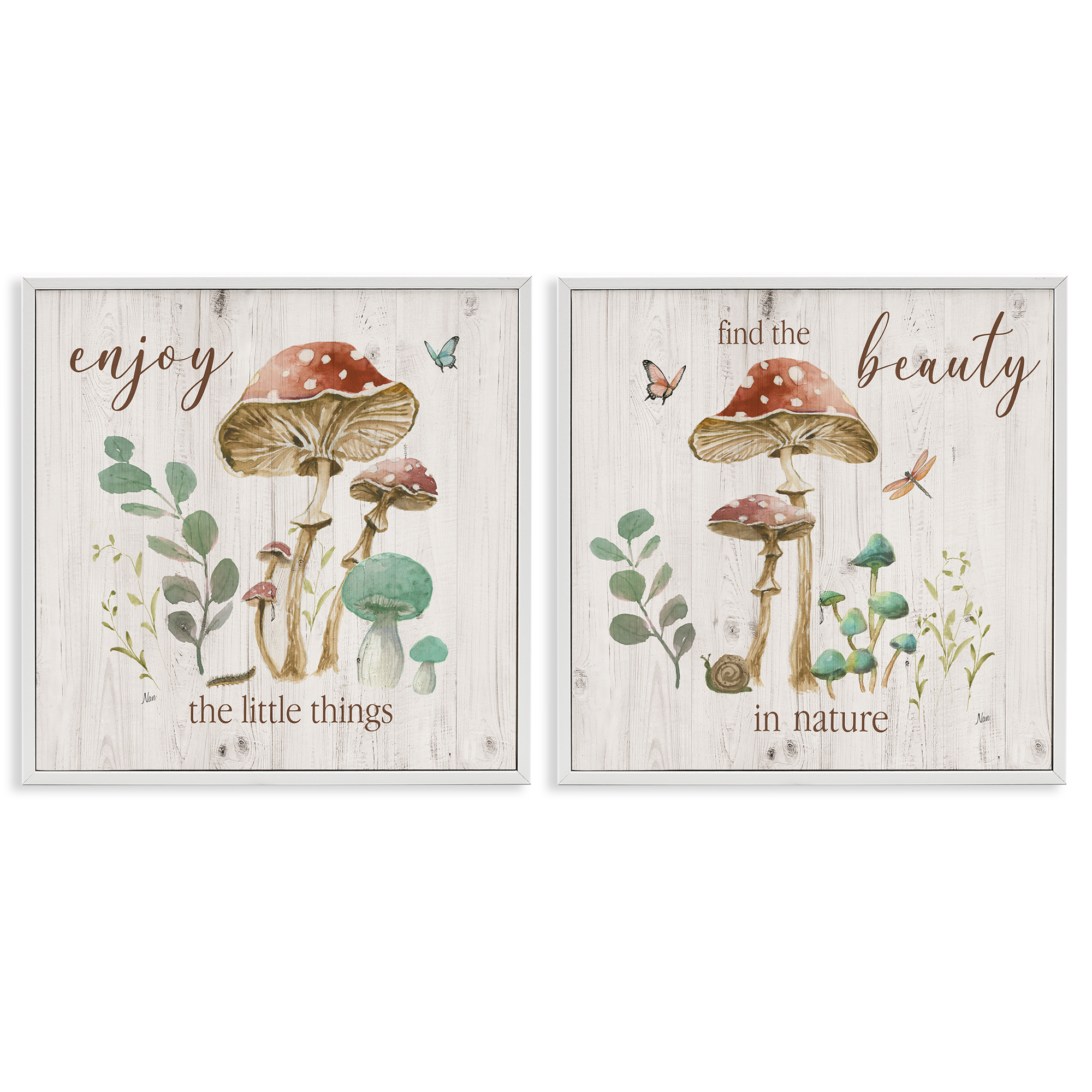 Stupell Industries Enjoy Beauty Mushroom Plants & Flowers Painting White Framed Art Print Wall Art, 17 x 17, Set of 2