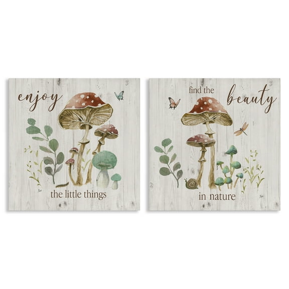 Stupell Industries Enjoy Beauty Mushroom Plants & Flowers Painting Wrapped Canvas Art Print Wall Art, 17 x 17, Set of 2