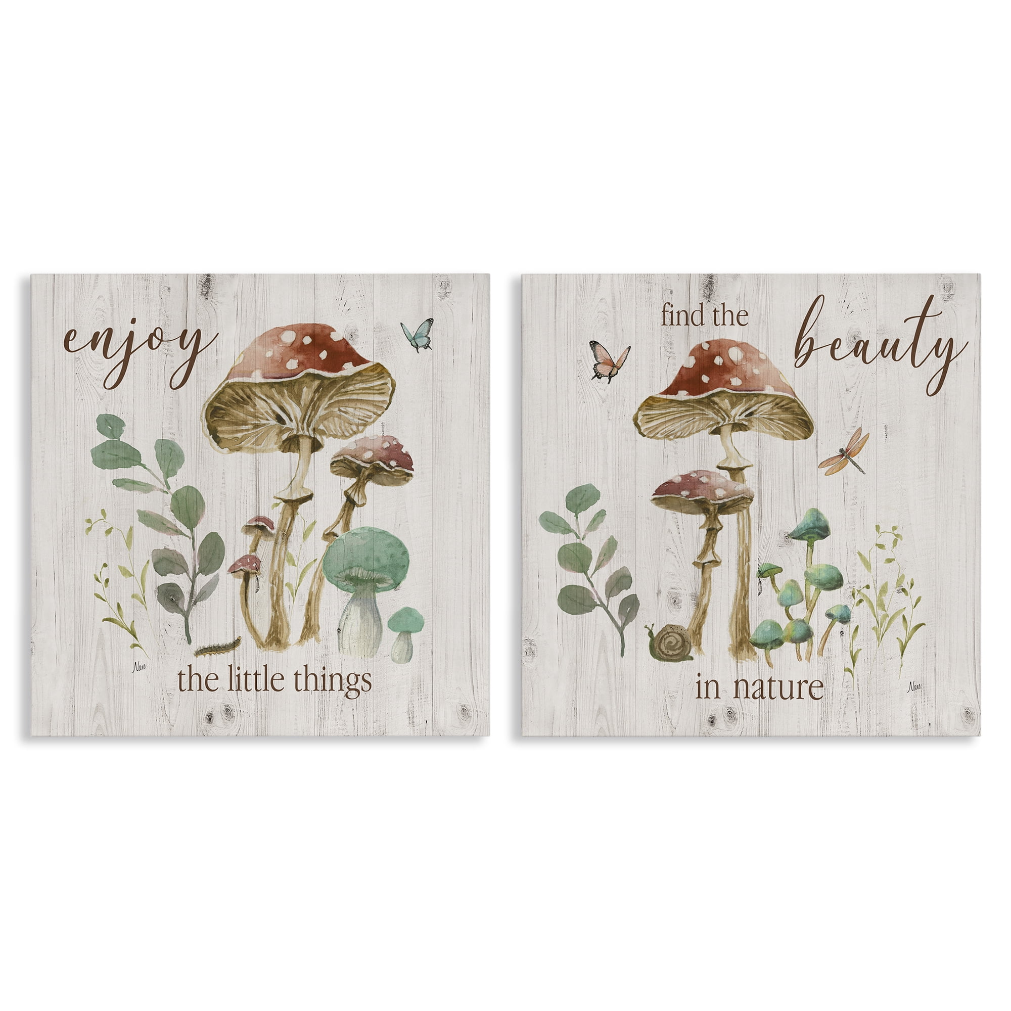 Stupell Industries Enjoy Beauty Mushroom Plants & Flowers Painting Wrapped Canvas Art Print Wall Art, 24 x 24, Set of 2