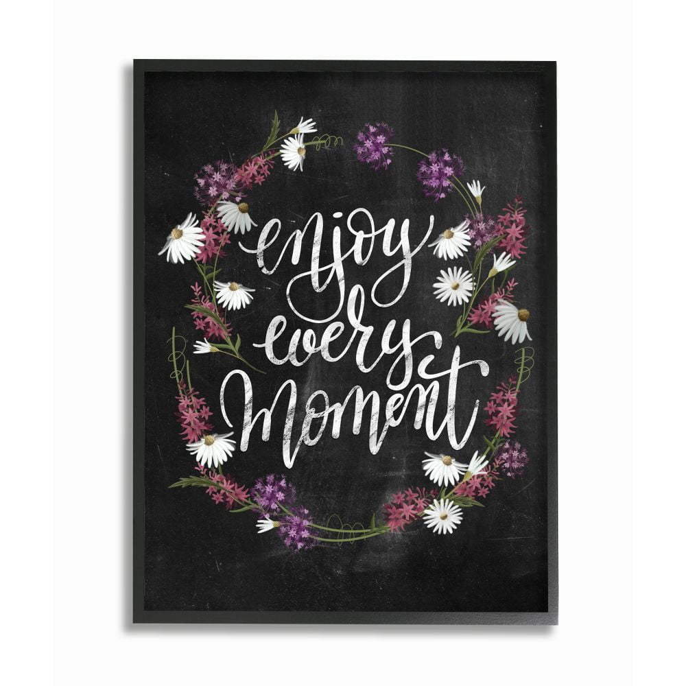 Stupell Industries Enjoy Every Moment Flower Wreath Textured Chalkboard Design Graphic Art Black Framed Art Print Wall Art, 11x14, by House Fenway