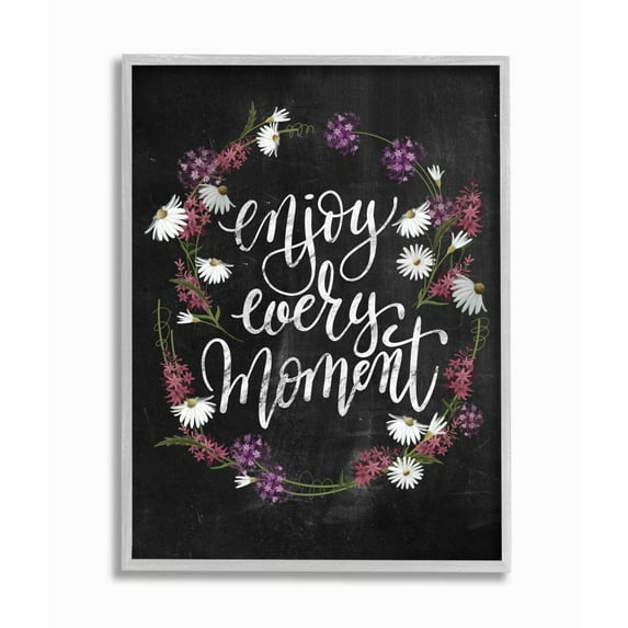 Stupell Industries Enjoy Every Moment Flower Wreath Textured Chalkboard Design Graphic Art Gray Framed Art Print Wall Art, 16x20, by House Fenway
