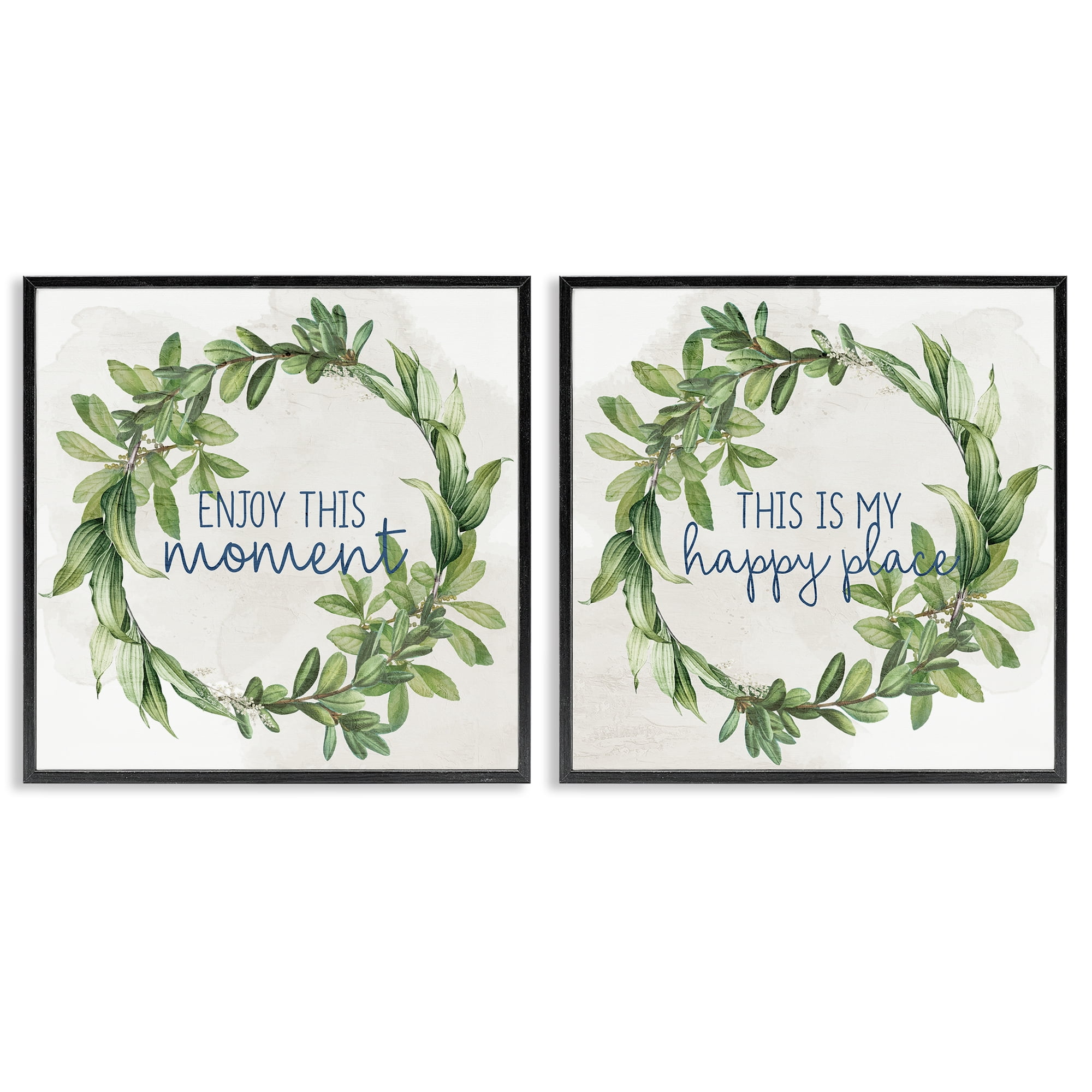 Stupell Industries Enjoy Happy Greenery Wreath Text & Numbers Painting Black Framed Art Print Wall Art, 12 x 12, Set of 2