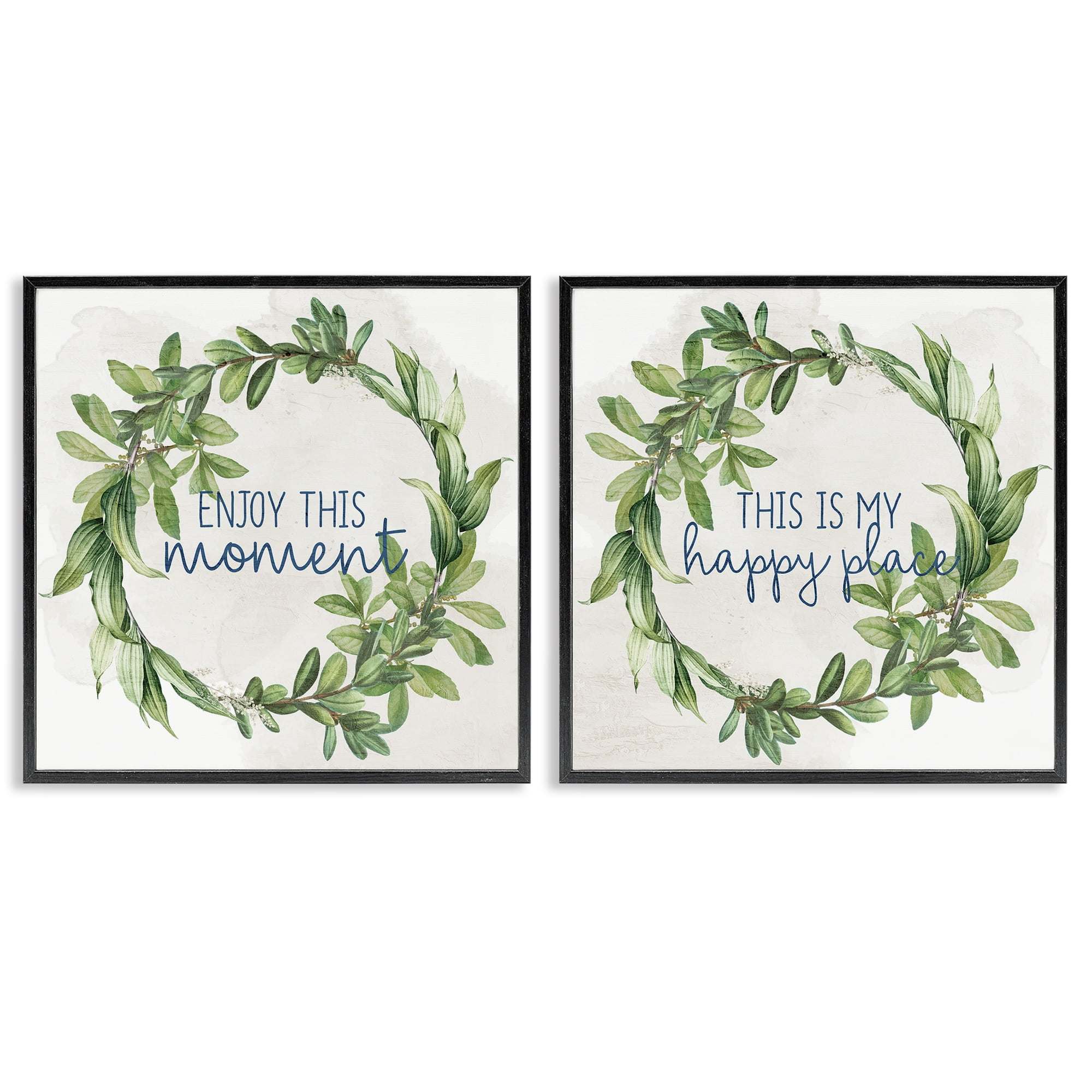 Stupell Industries Enjoy Happy Greenery Wreath Text & Numbers Painting Black Framed Art Print Wall Art, 17 x 17, Set of 2