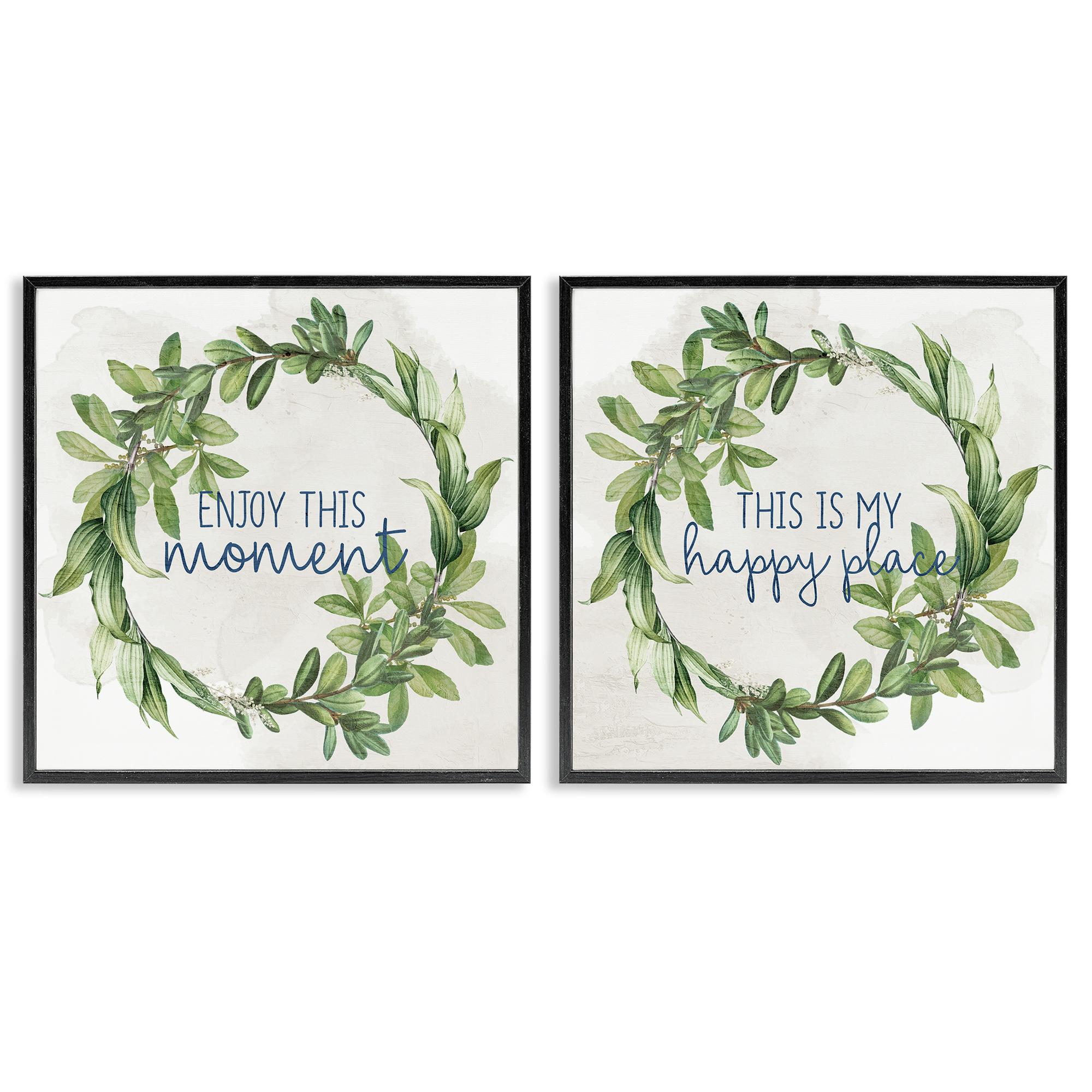 Stupell Industries Enjoy Happy Greenery Wreath Text & Numbers Painting Black Framed Art Print Wall Art, 24 x 24, Set of 2