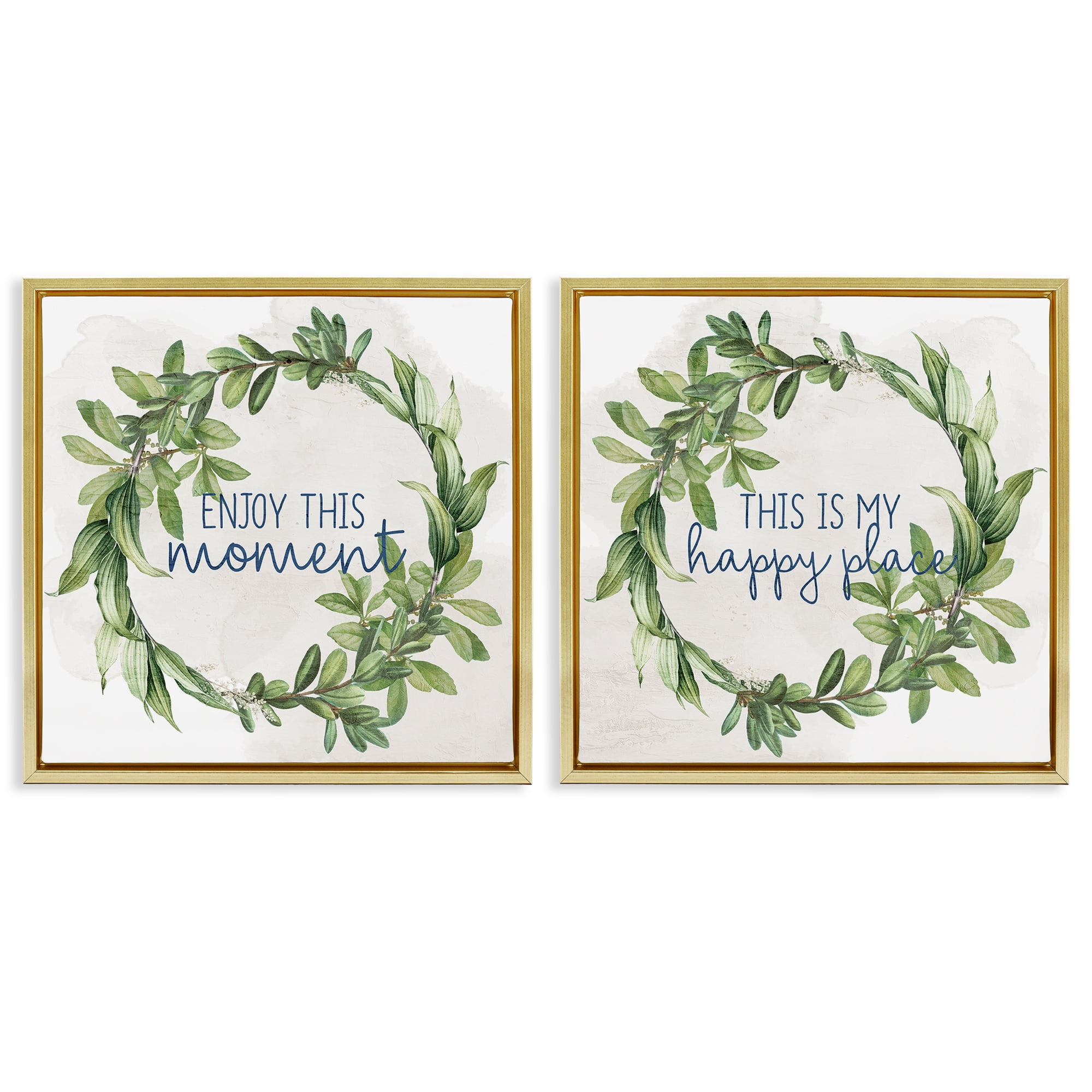 Stupell Industries Enjoy Happy Greenery Wreath Text & Numbers Painting Gold Floater Framed Canvas Art Print Wall Art, 25 x 25, Set of 2