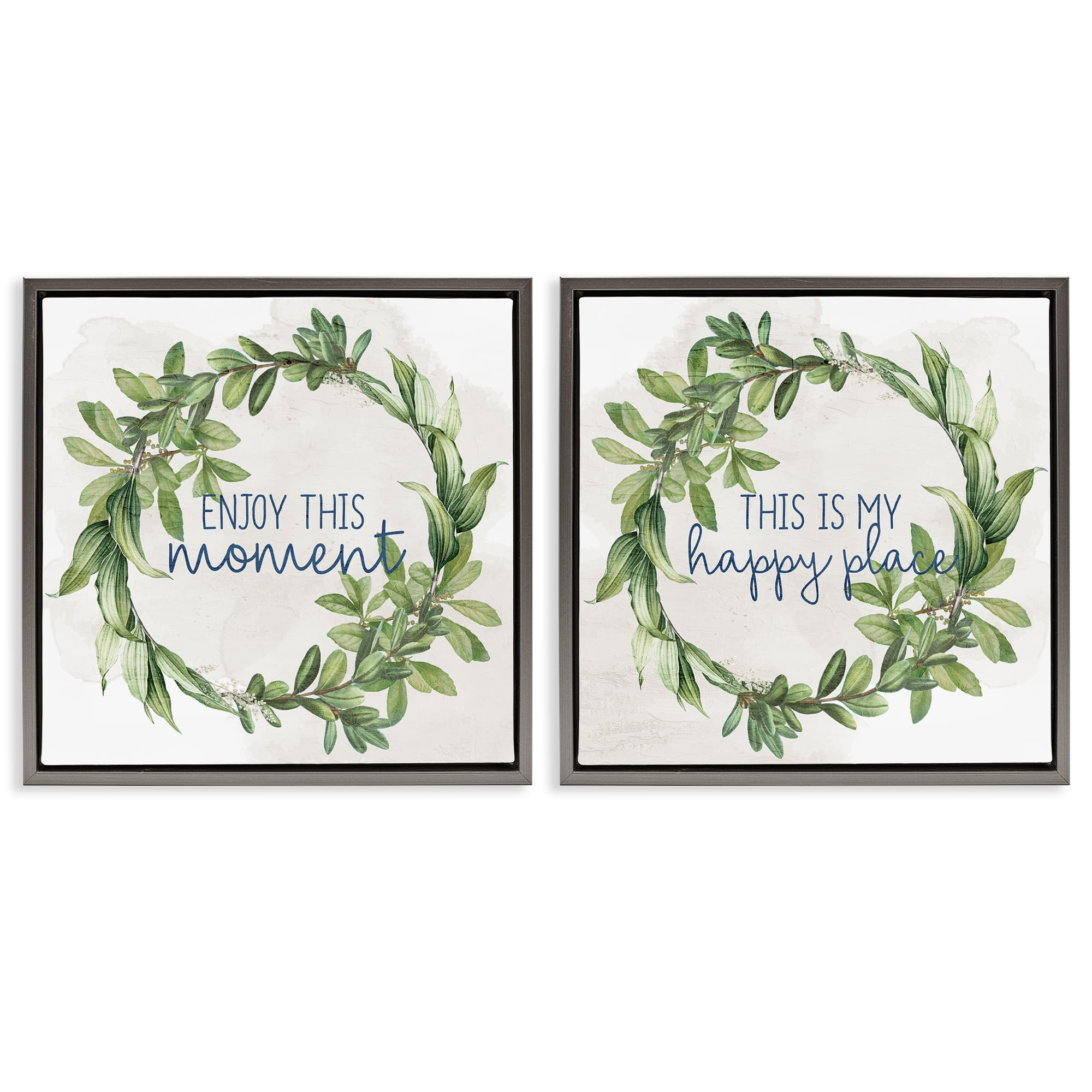 Stupell Industries Enjoy Happy Greenery Wreath Text & Numbers Painting Gray Floater Framed Canvas Art Print Wall Art, 18 x 18, Set of 2