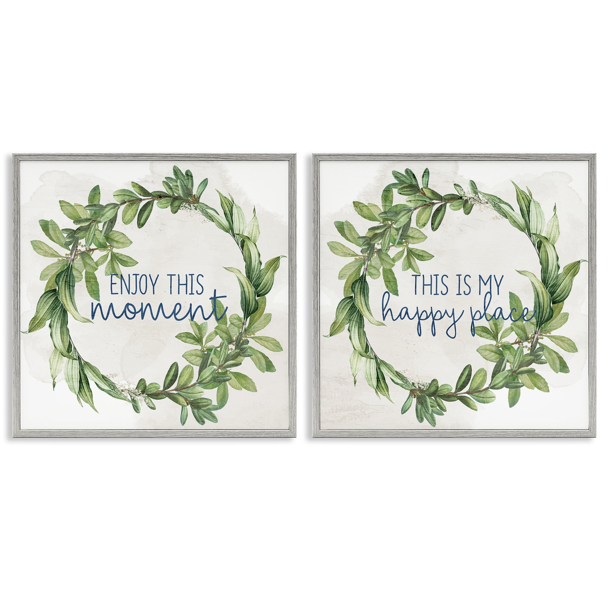 Stupell Industries Enjoy Happy Greenery Wreath Text & Numbers Painting Gray Framed Art Print Wall Art, 24 x 24, Set of 2