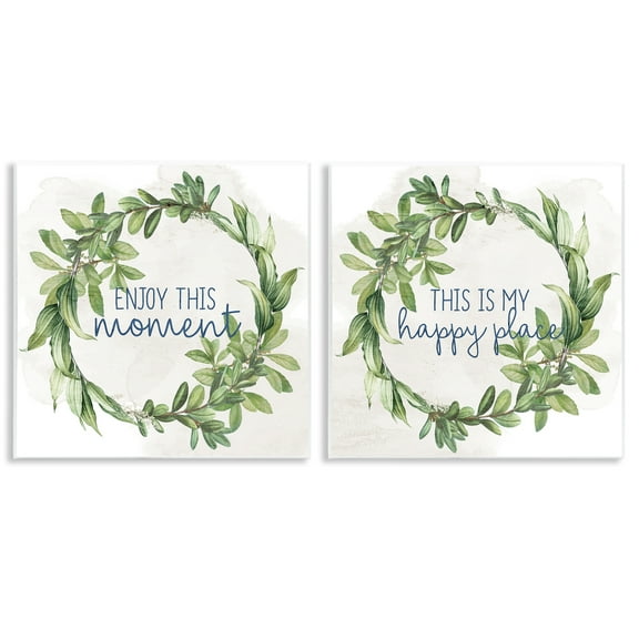 Stupell Industries Enjoy Happy Greenery Wreath Text & Numbers Painting Unframed Art Print Wall Art, 12 x 12, Set of 2