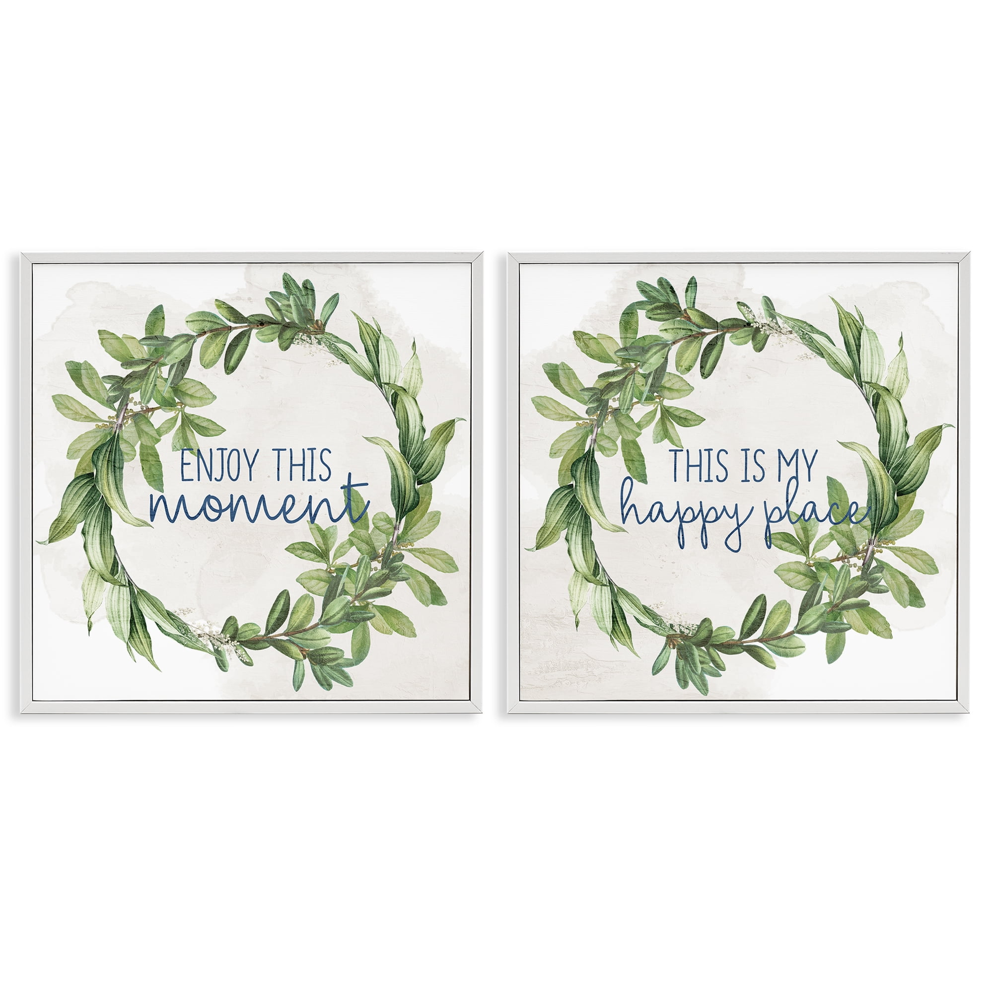 Stupell Industries Enjoy Happy Greenery Wreath Text & Numbers Painting White Framed Art Print Wall Art, 24 x 24, Set of 2