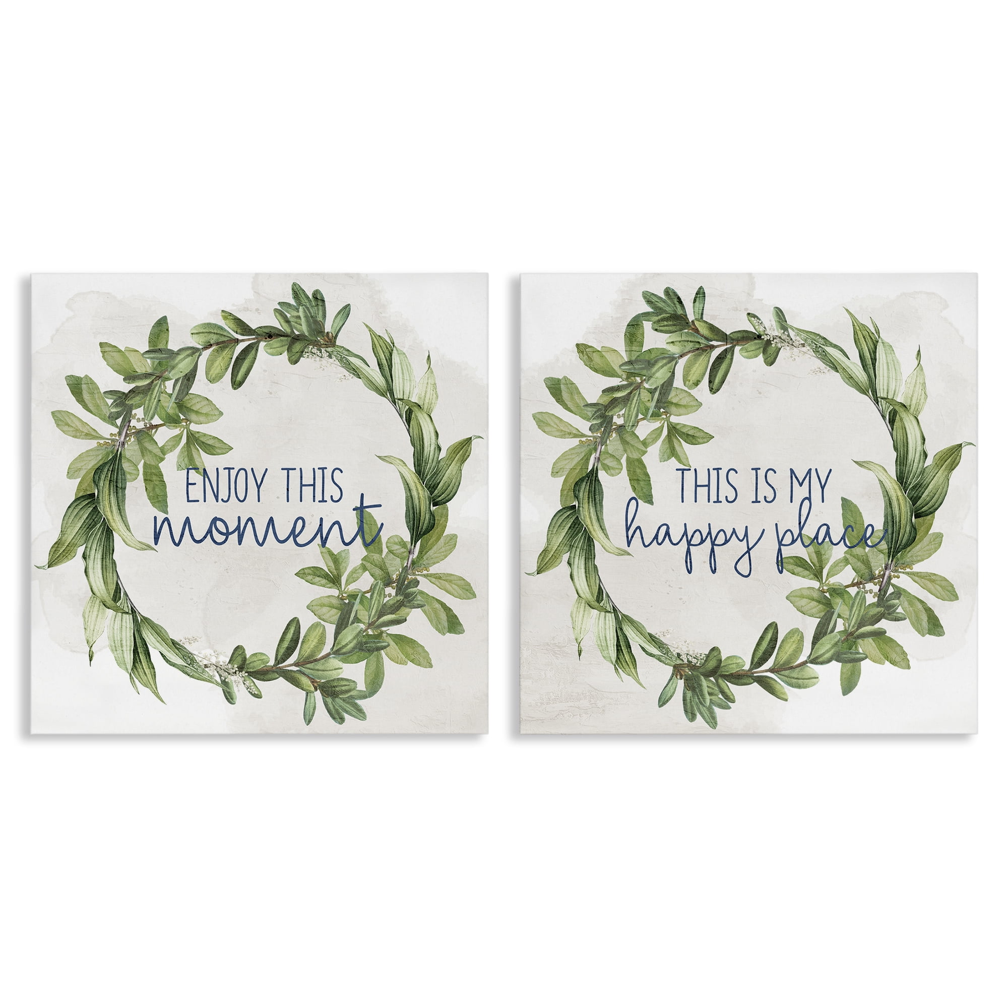 Stupell Industries Enjoy Happy Greenery Wreath Text & Numbers Painting Wrapped Canvas Art Print Wall Art, 17 x 17, Set of 2