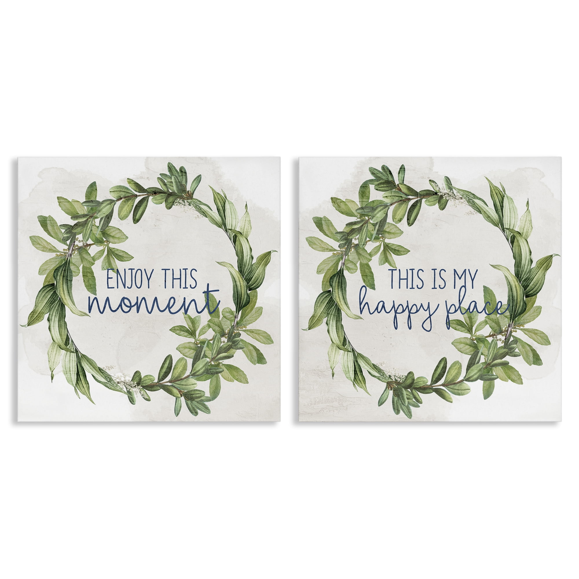 Stupell Industries Enjoy Happy Greenery Wreath Text & Numbers Painting Wrapped Canvas Art Print Wall Art, 24 x 24, Set of 2