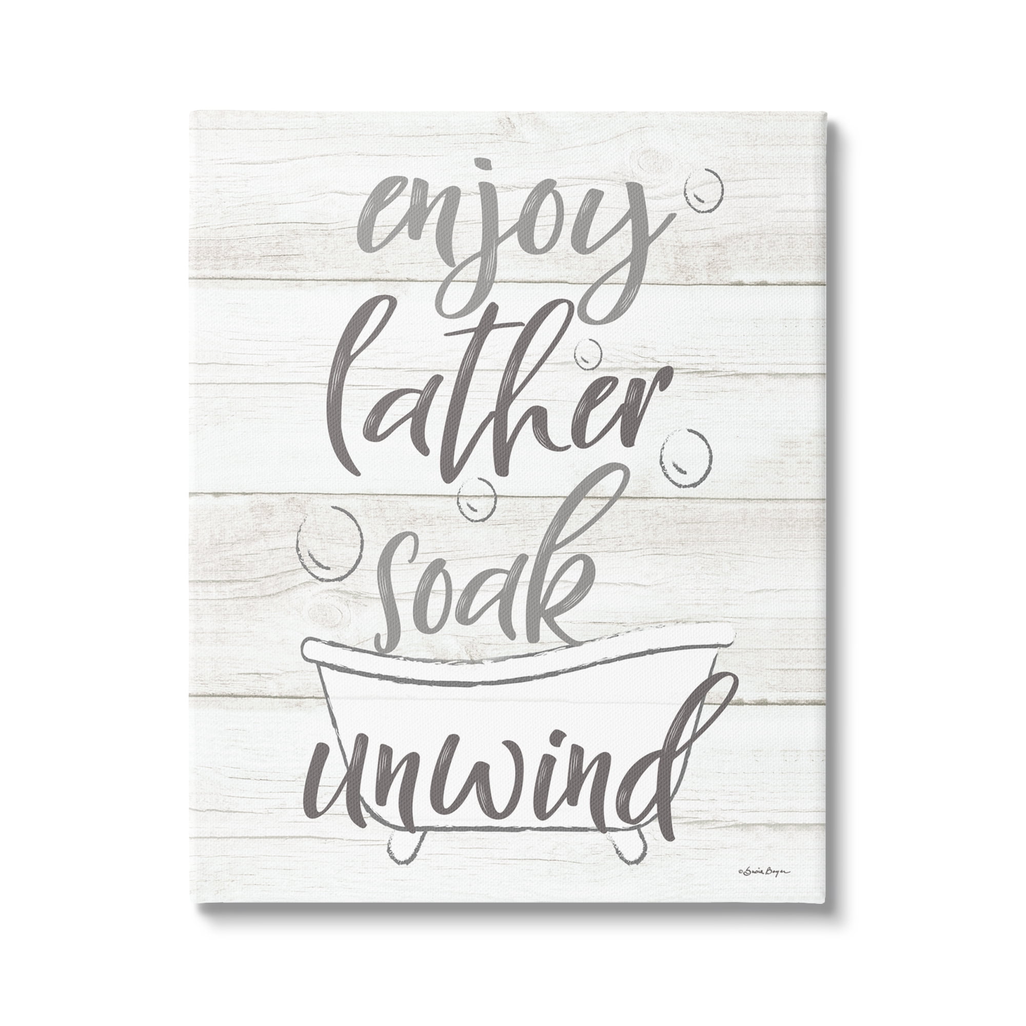 Stupell Industries Enjoy Lather Soak Unwind Bathroom Rustic Typography Graphic Art Gallery-Wrapped Canvas Print Wall Art, 30x40, by Susie Boyer