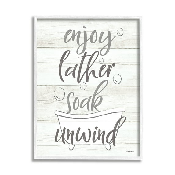 Stupell Industries Enjoy Lather Soak Unwind Bathroom Rustic Typography Graphic Art White Framed Art Print Wall Art, 24x30, by Susie Boyer