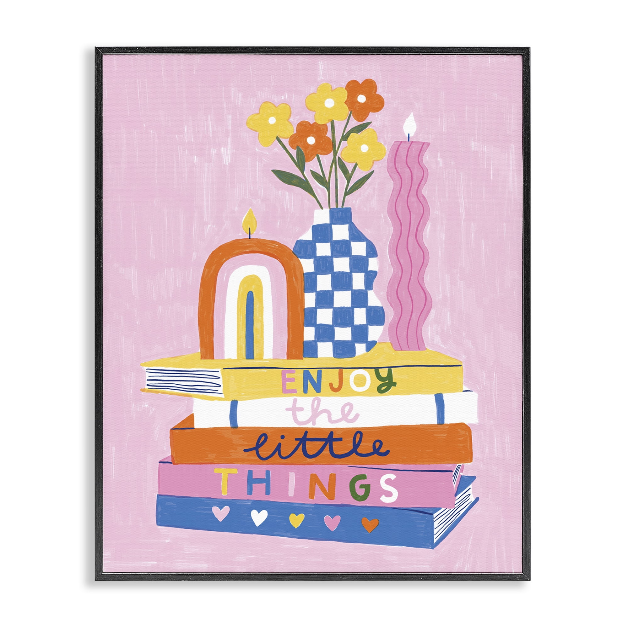Stupell Industries Enjoy Little Things Bookstack Plants & Flowers Painting Black Framed Art Print Wall Art, 24 x 30