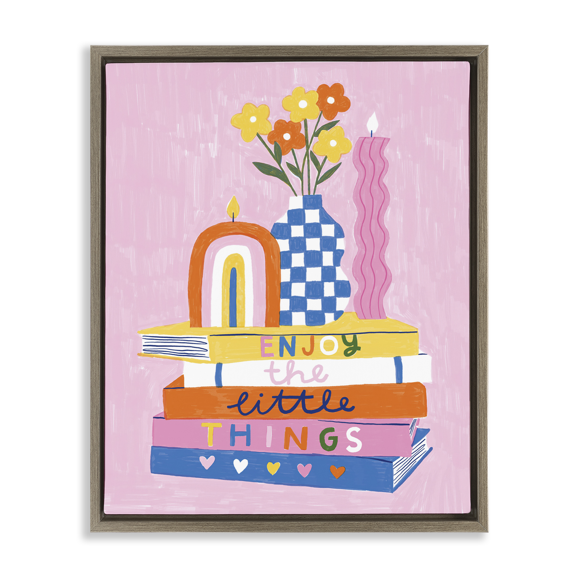 Stupell Industries Enjoy Little Things Bookstack Plants & Flowers Painting Brown Floater Framed Canvas Art Print Wall Art, 17 x 21
