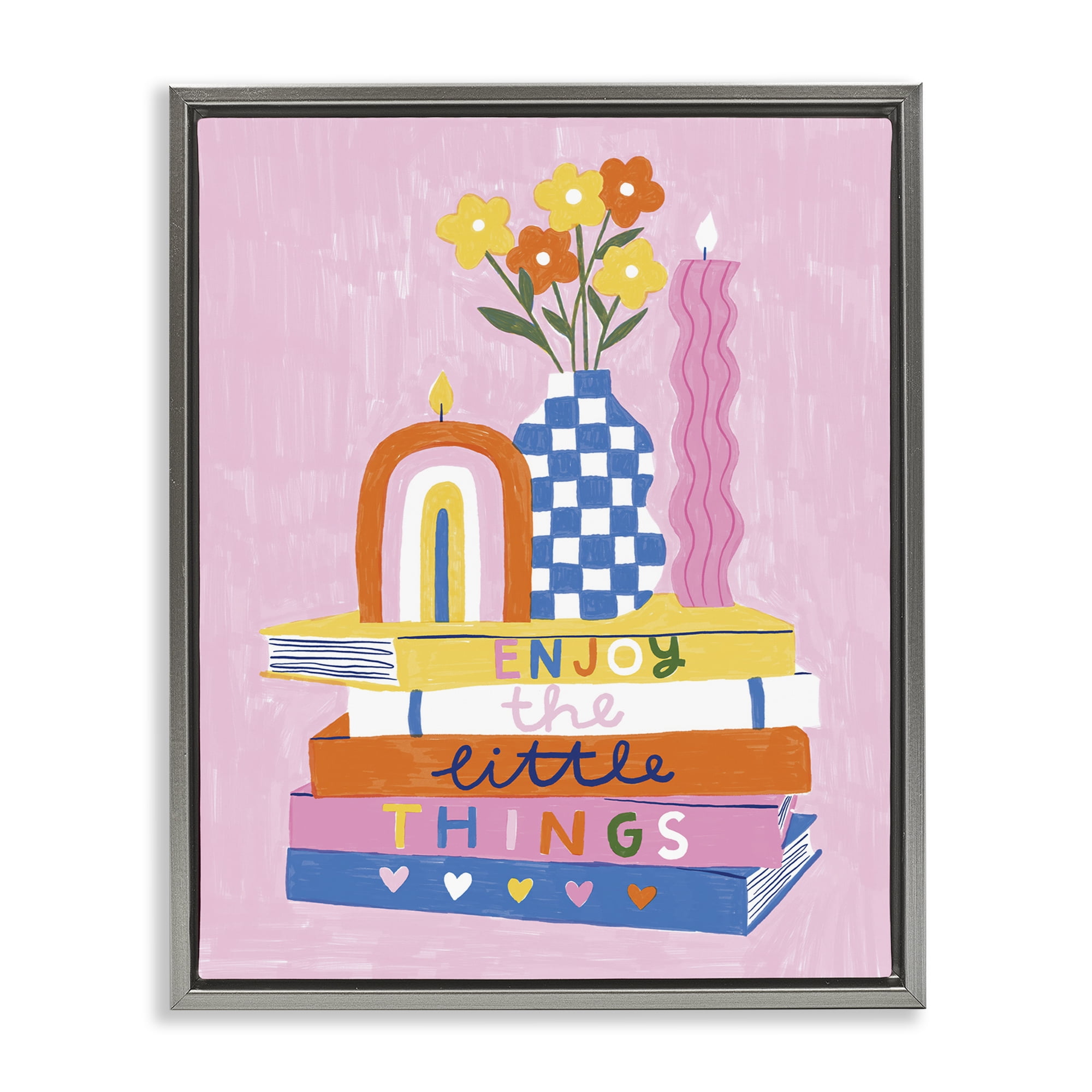 Stupell Industries Enjoy Little Things Bookstack Plants & Flowers Painting Gray Floater Framed Canvas Art Print Wall Art, 17 x 21