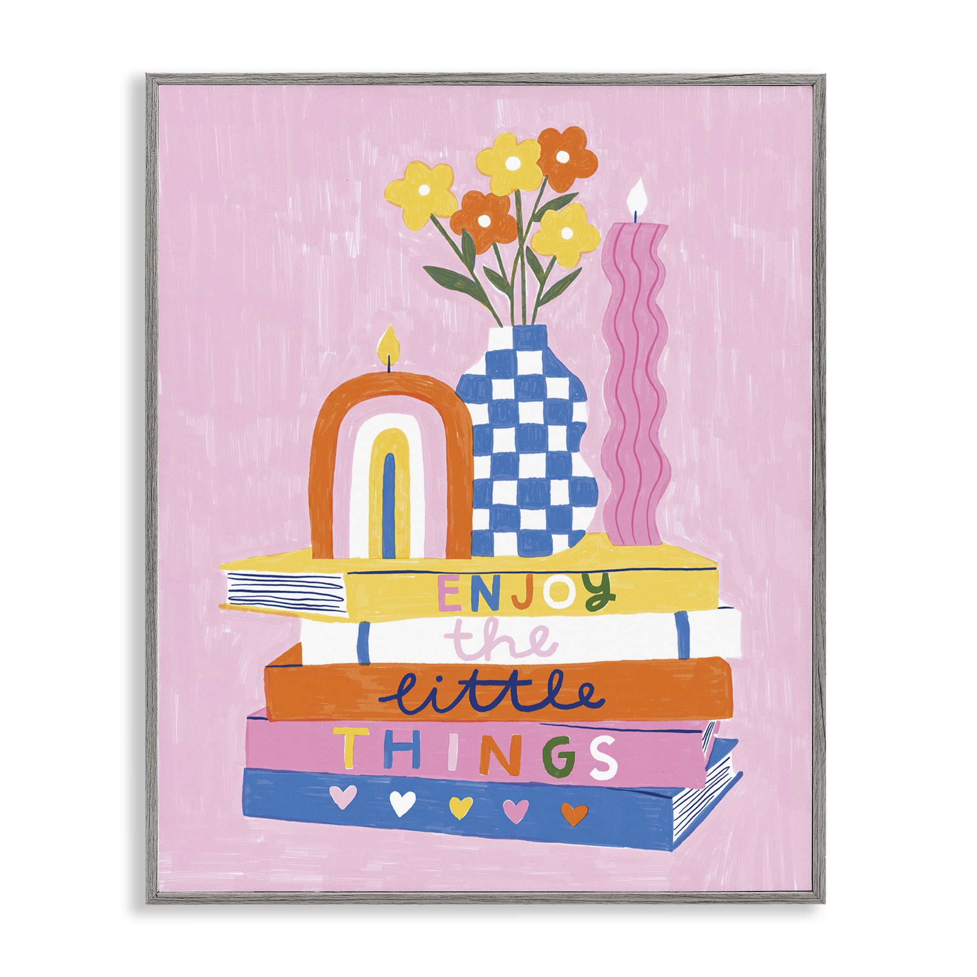 Stupell Industries Enjoy Little Things Bookstack Plants & Flowers Painting Gray Framed Art Print Wall Art, 11 x 14