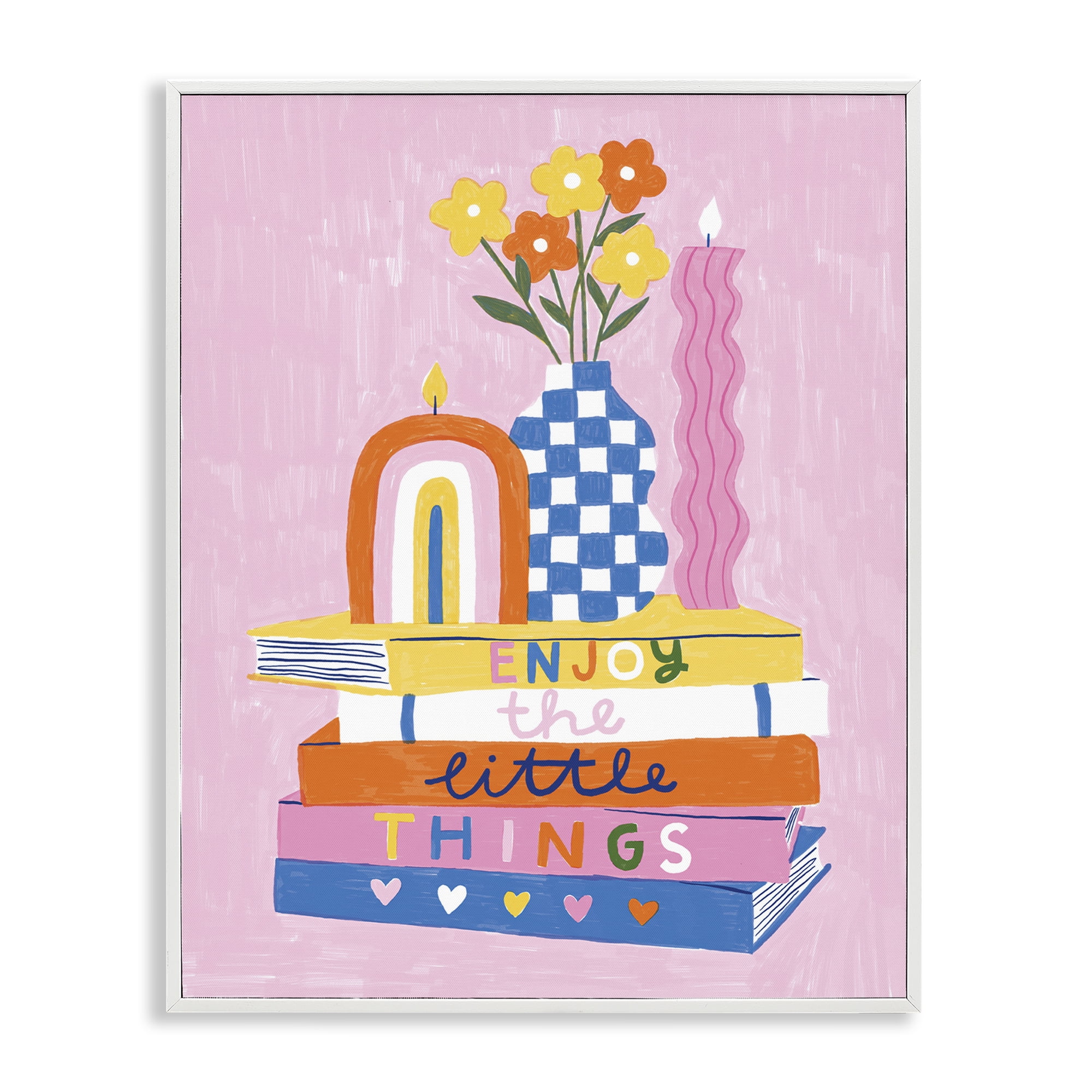 Stupell Industries Enjoy Little Things Bookstack Plants & Flowers Painting White Framed Art Print Wall Art, 11 x 14