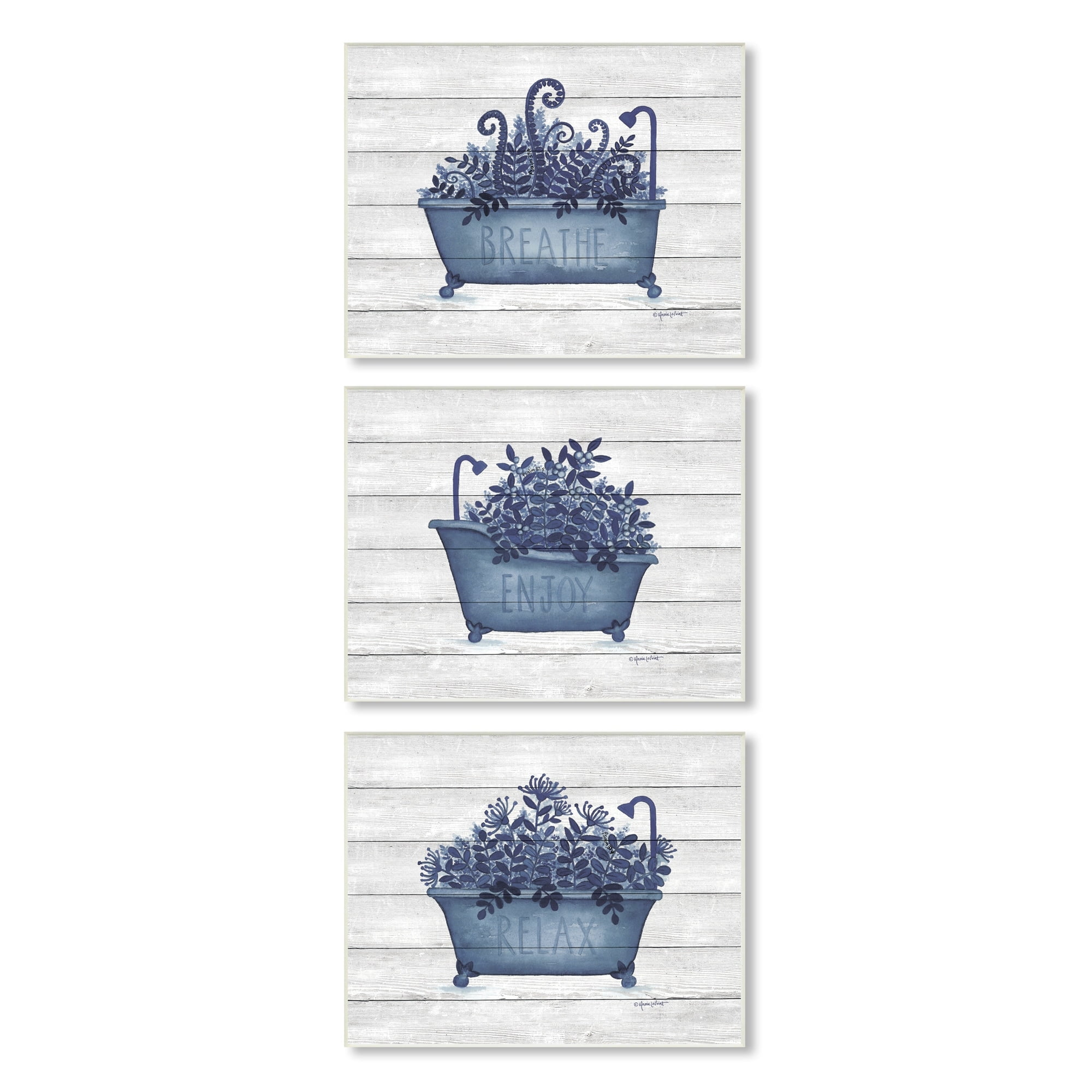 Stupell Industries Enjoy Relaxing Bath Tub Blue Foliage Striped Background,15 x 10, Design by Annie Lapoint