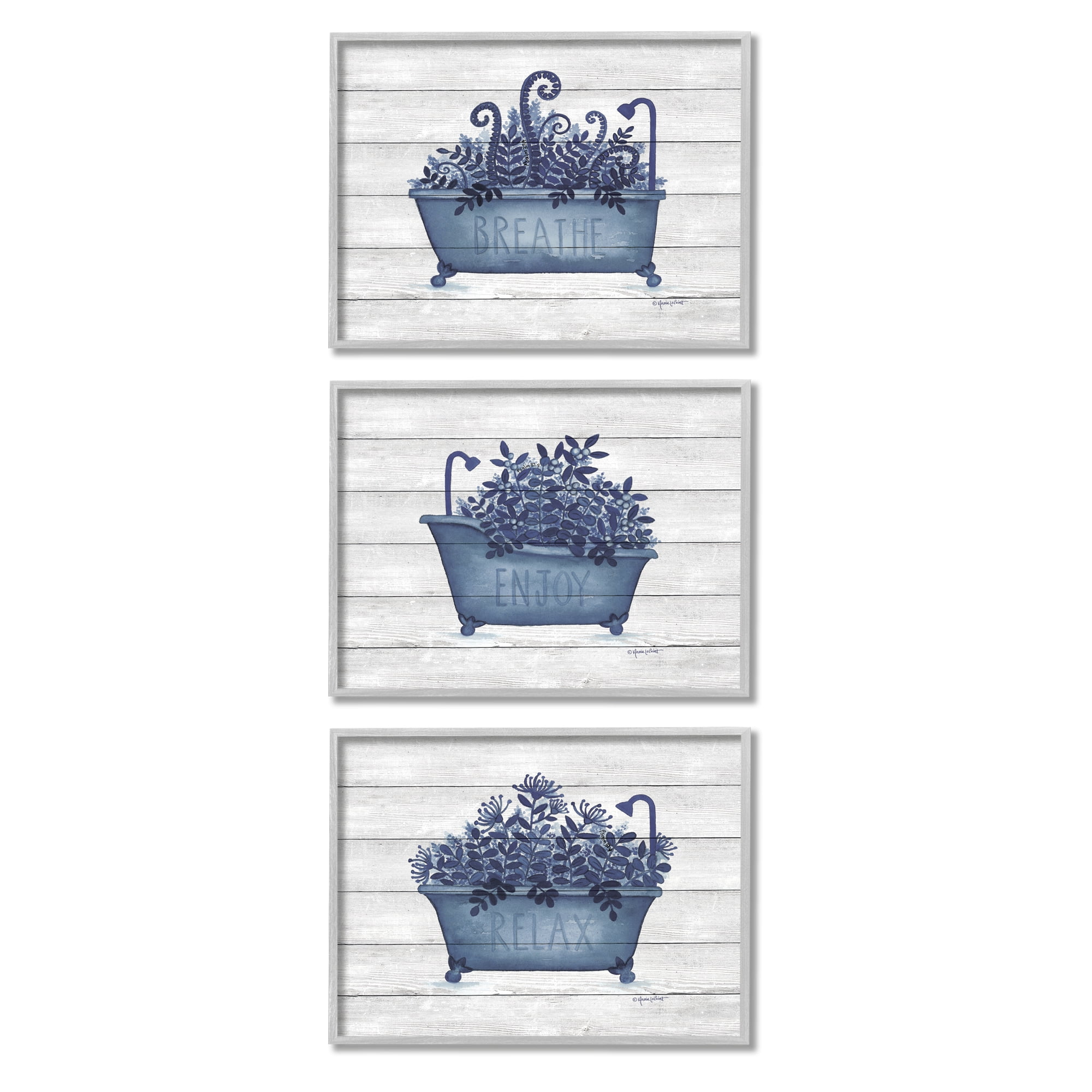 Stupell Industries Enjoy Relaxing Bath Tub Blue Foliage Striped Background,20 x 16, Design by Annie Lapoint