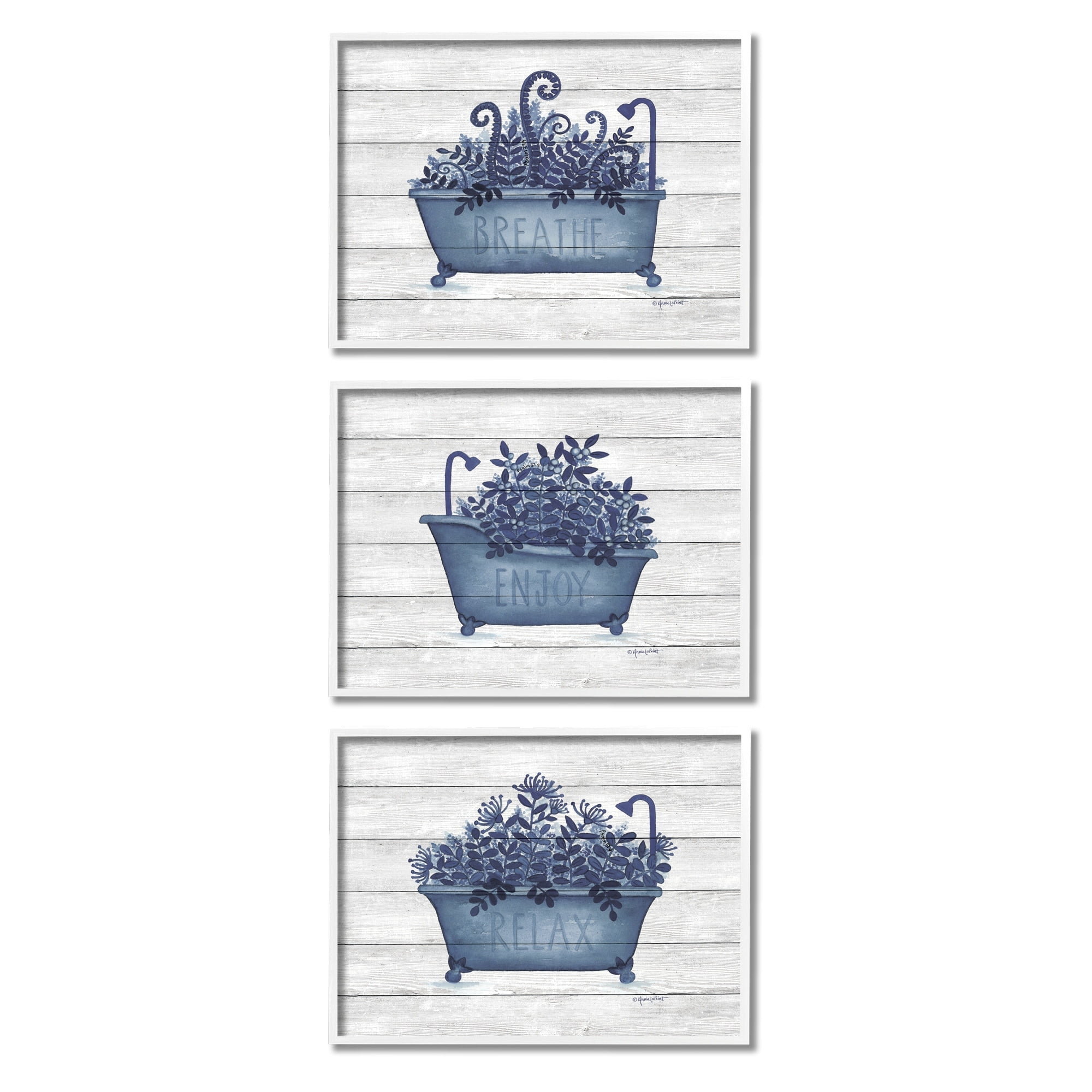 Stupell Industries Enjoy Relaxing Bath Tub Blue Foliage Striped Background,30 x 24, Design by Annie Lapoint