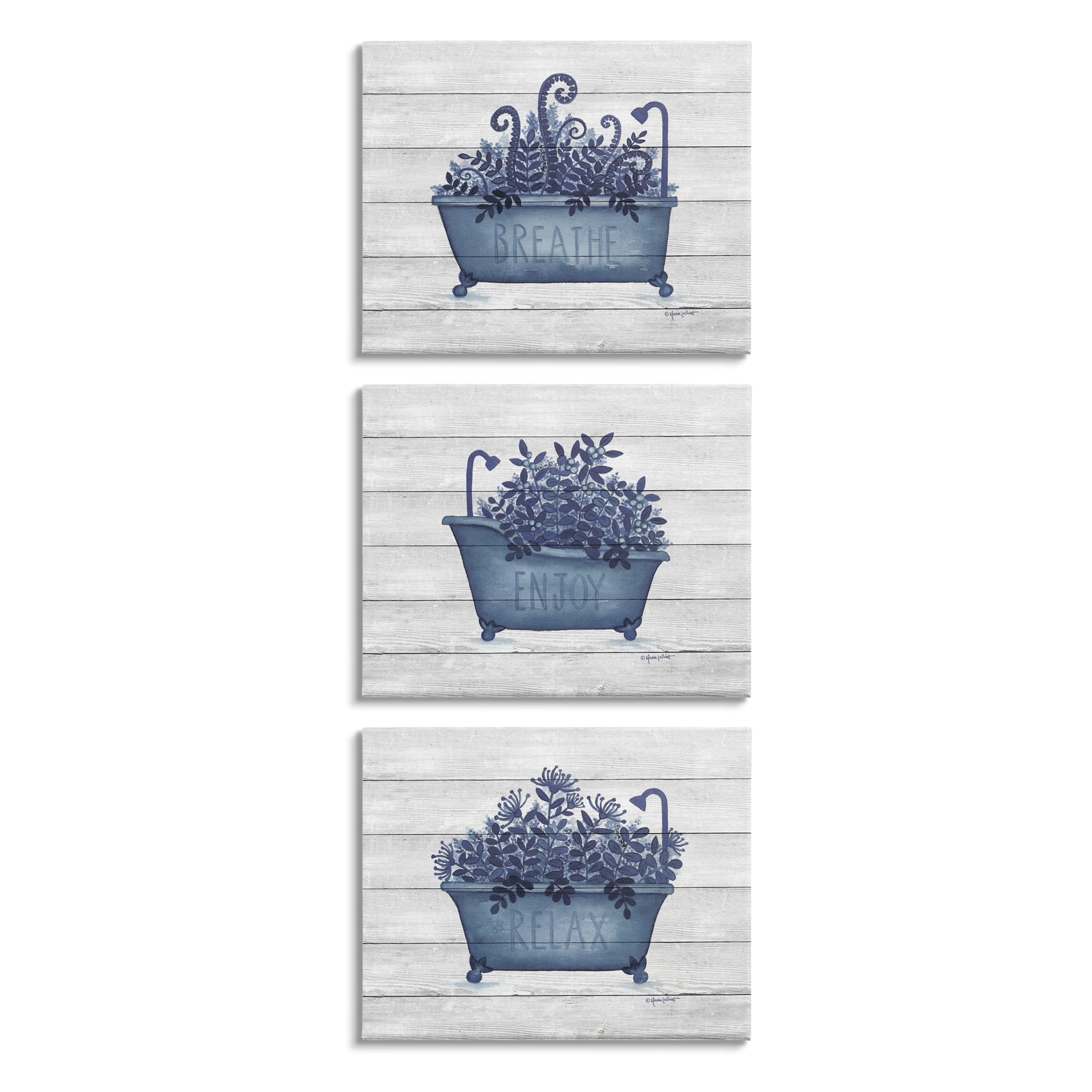 Stupell Industries Enjoy Relaxing Bath Tub Blue Foliage Striped Background,30 x 24, Design by Annie Lapoint