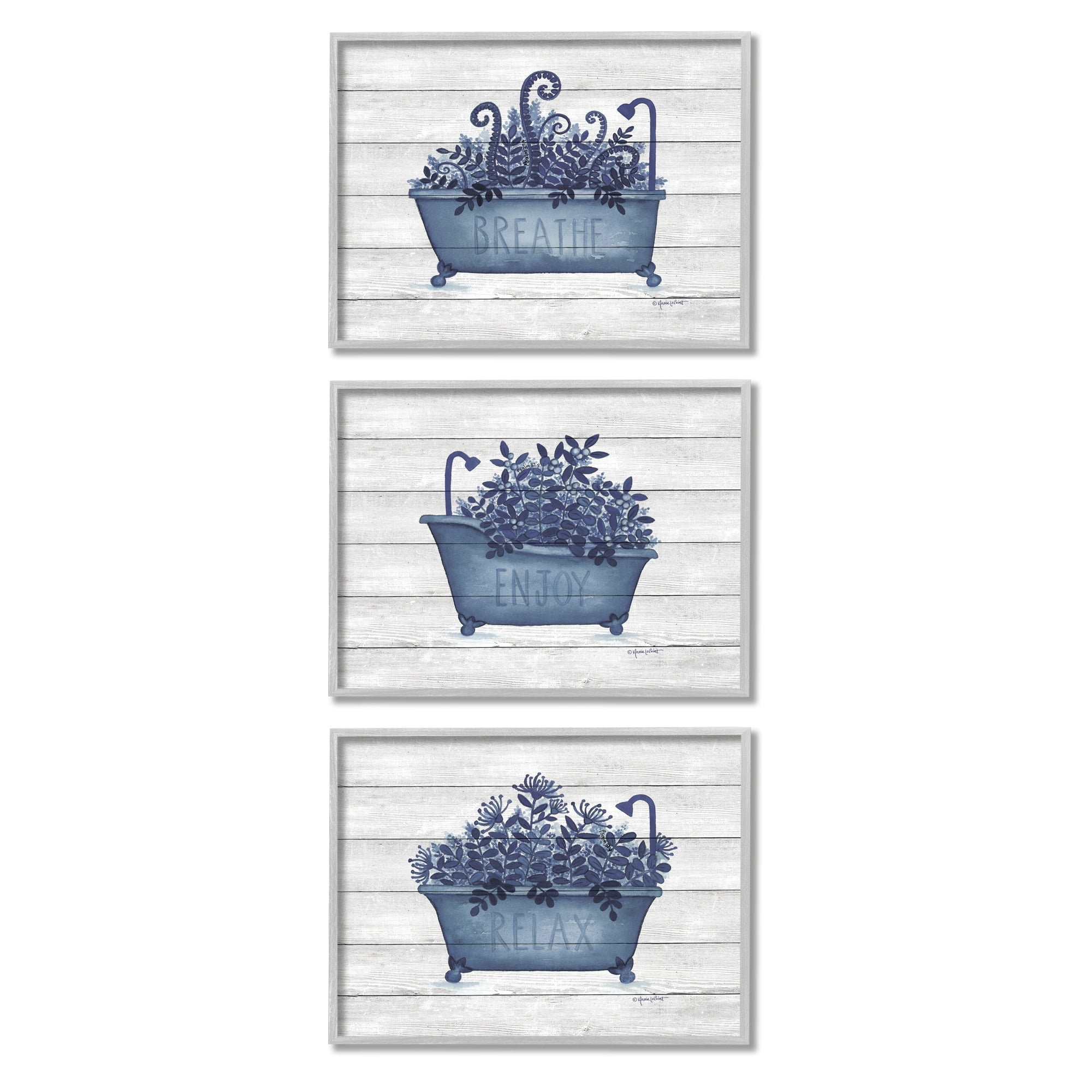 Stupell Industries Enjoy Relaxing Bath Tub Blue Foliage Striped Background,30 x 24, Design by Annie Lapoint