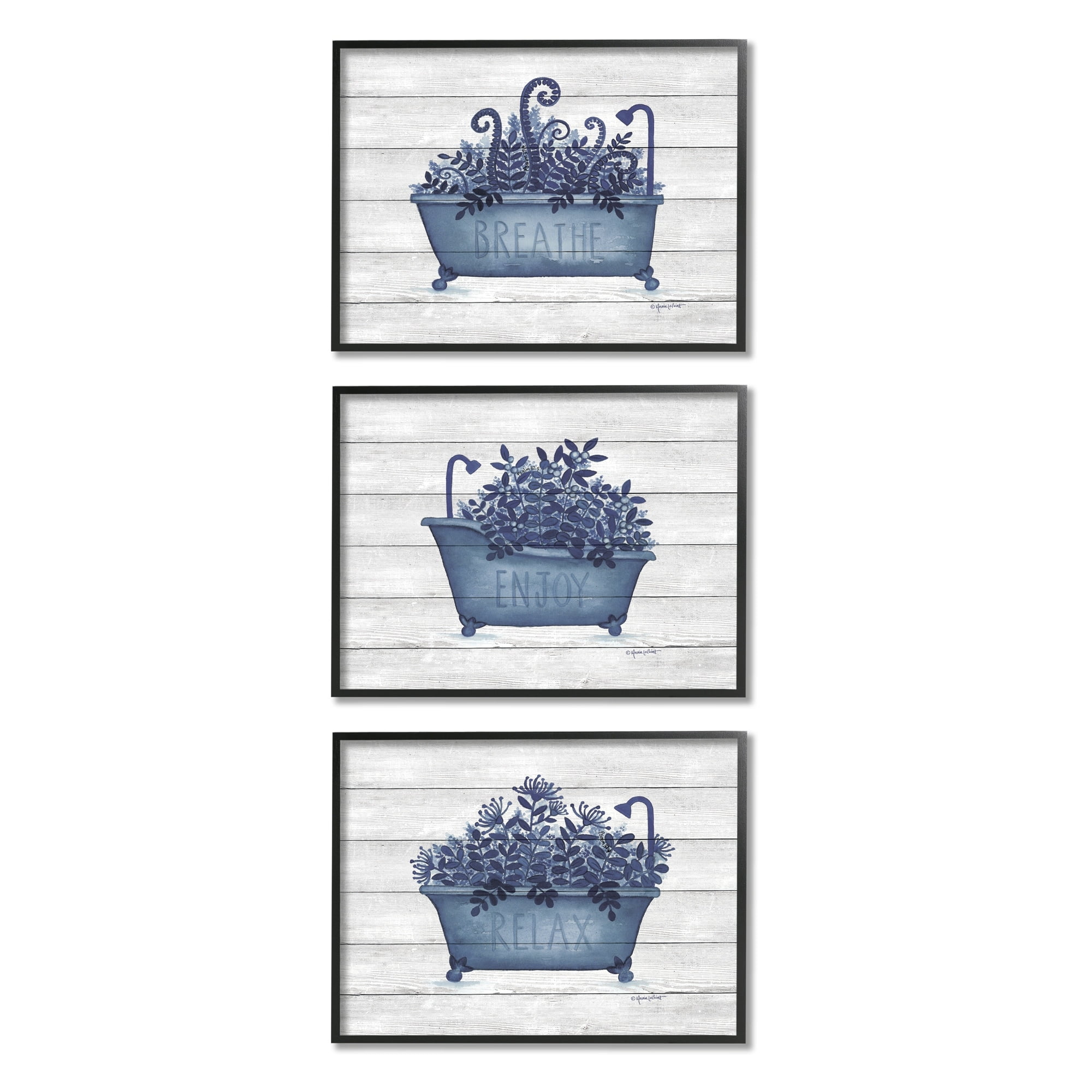 Stupell Industries Enjoy Relaxing Bath Tub Blue Foliage Striped Background,30 x 24, Design by Annie Lapoint