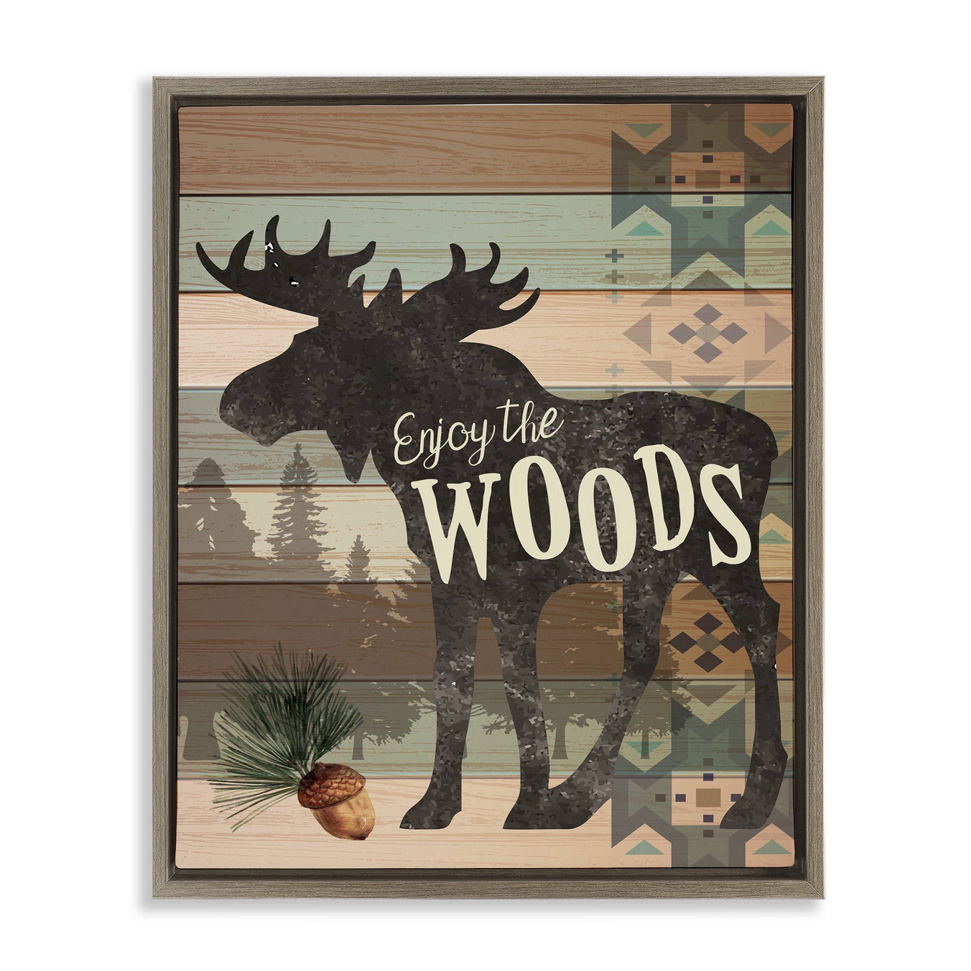 Stupell Industries Enjoy The Woods Patterned Moose Animals & Insects Painting Brown Floater Framed Canvas Art Print Wall Art, 17 x 21