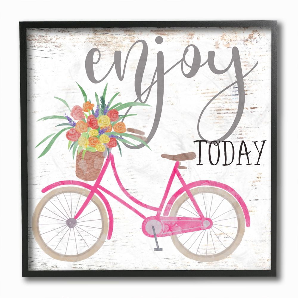 Stupell Industries Enjoy Today Phrase Simple Floral Basket Bicycle Charm Framed Wall Art Design by Ziwei Li, 12" x 12", Black Framed
